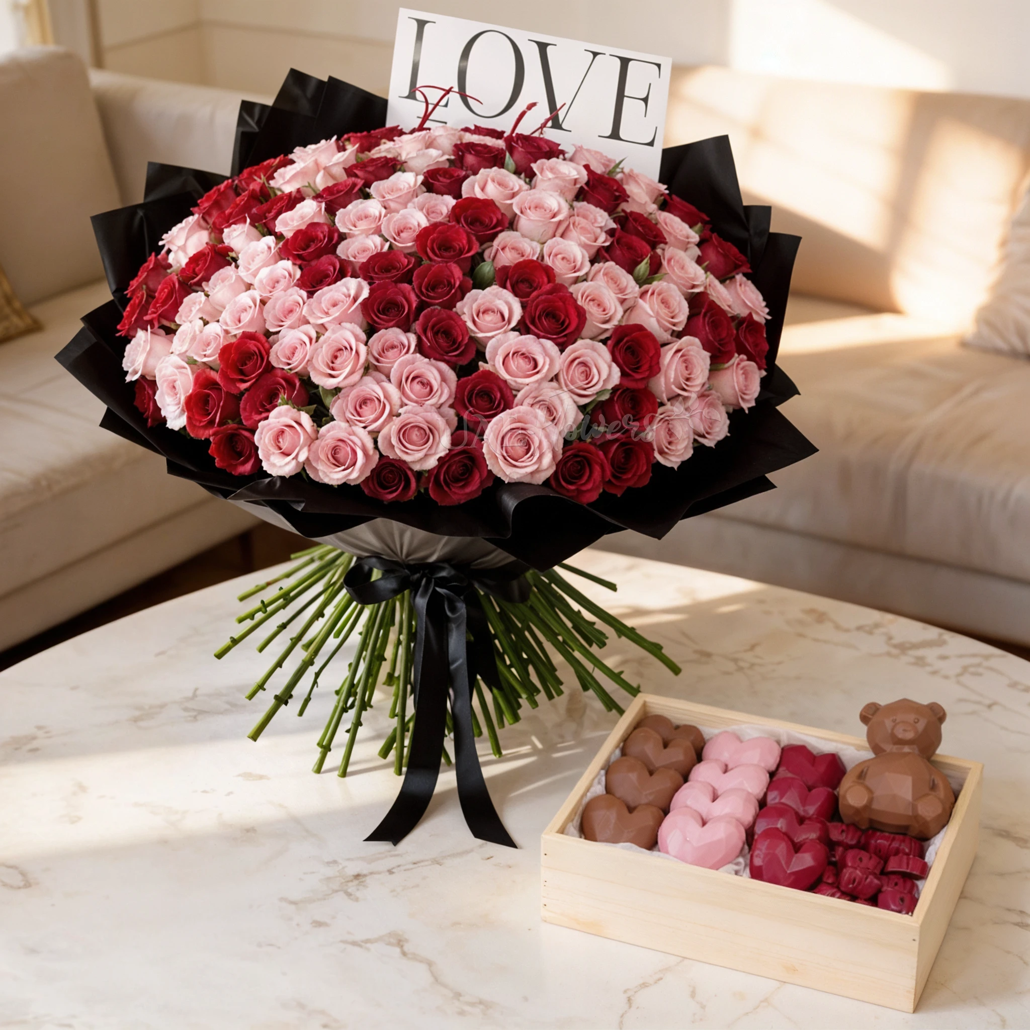 Bouquet of 200 red and pink roses in black wrapping and Chocolate Gift Box (Large Hearts - 600 gms, Teddy - 100 gms, and Love Chocolates - 250 gms)