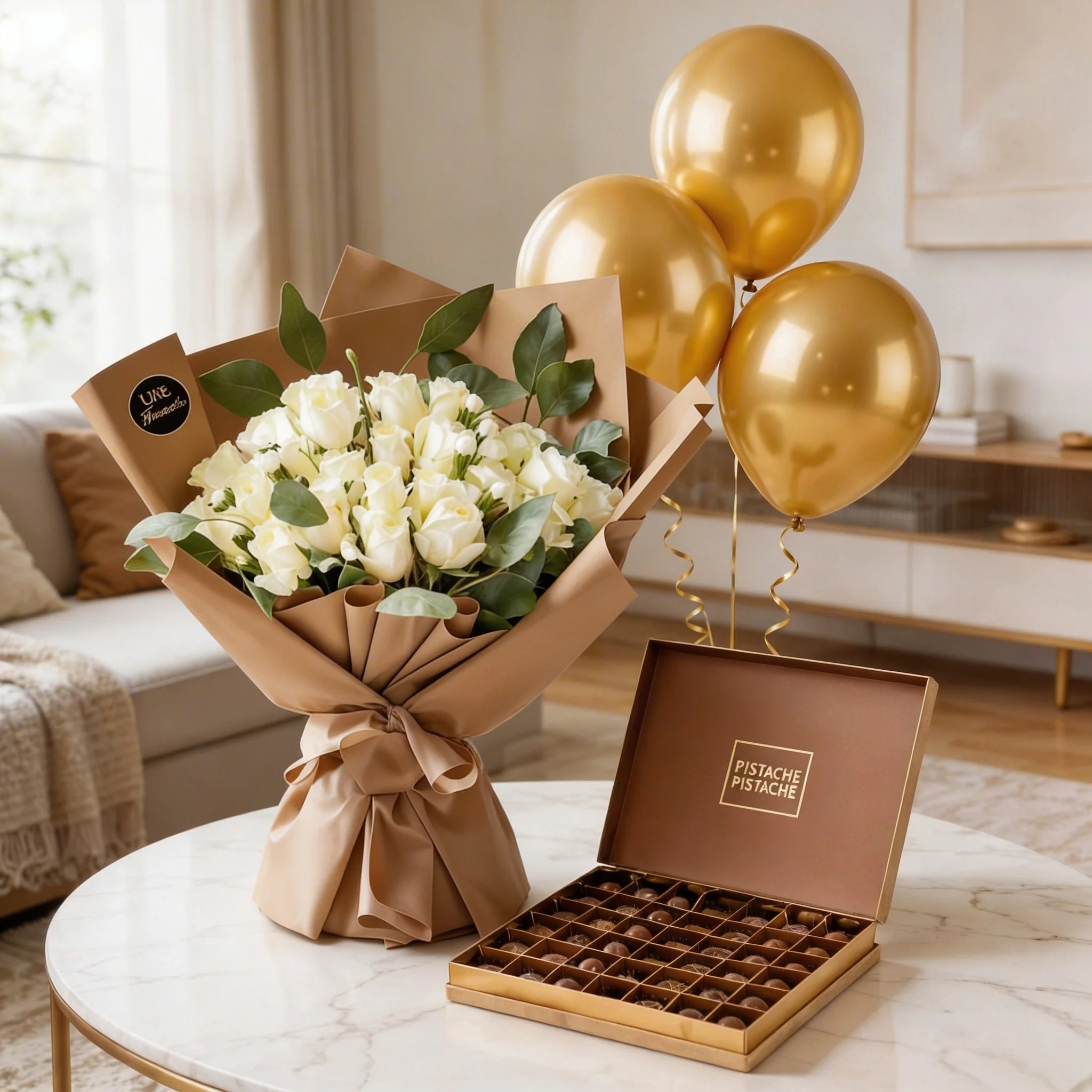 20 White Roses with Pistache Chocolate & Gold Balloons