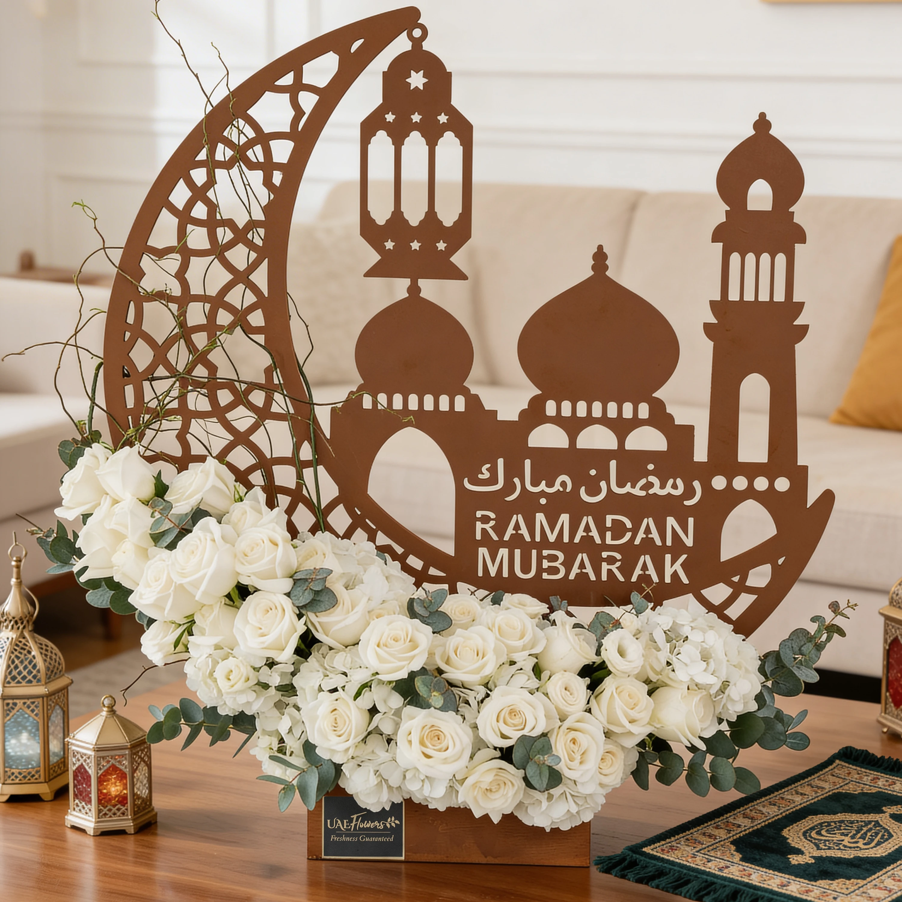 30 white roses and 2 white hydrangeas with green fillers and Crescent Moon in wooden box.