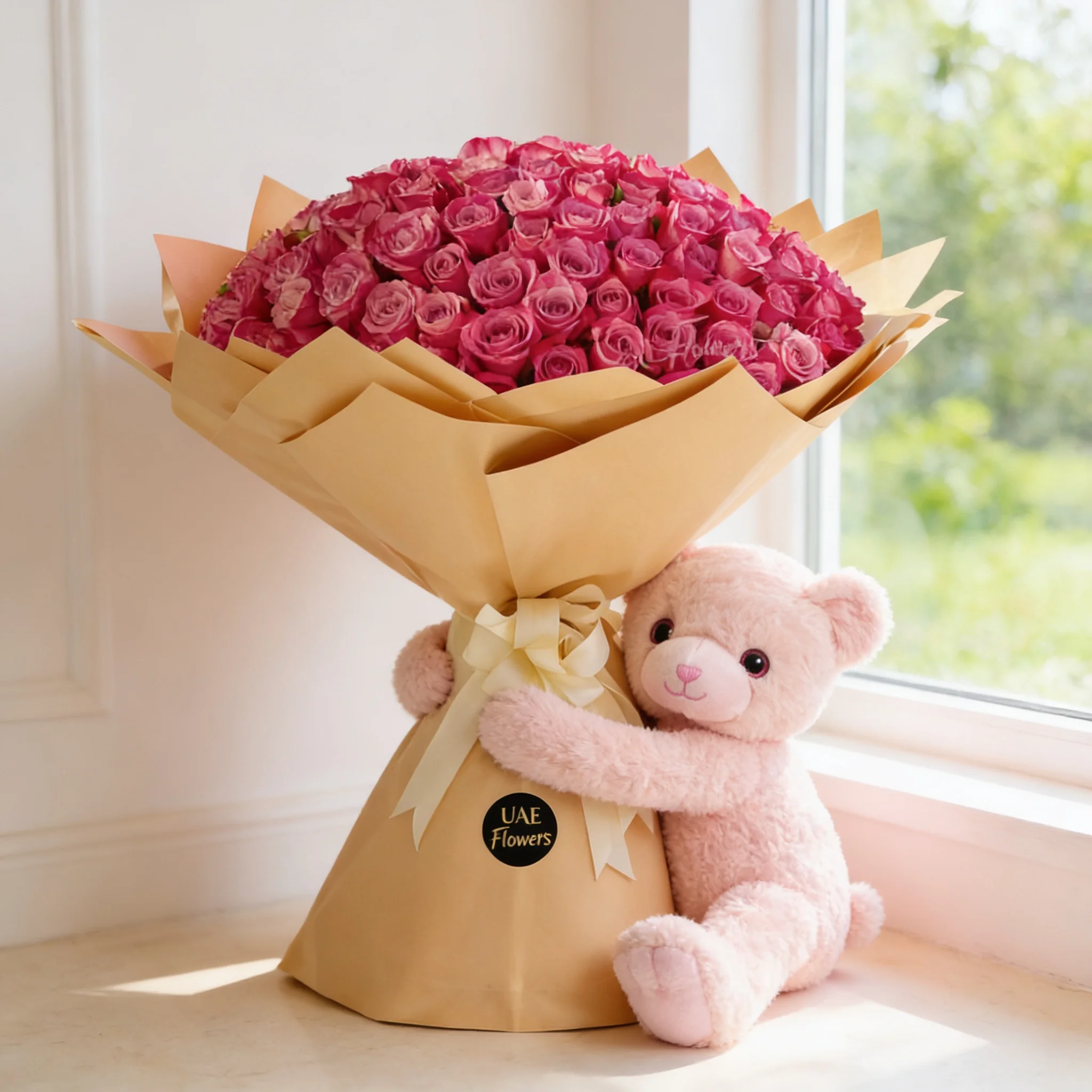 Arrangement of 100 purple roses with a small pink teddy bear, a luxurious romantic gift for celebrations and meaningful moments.