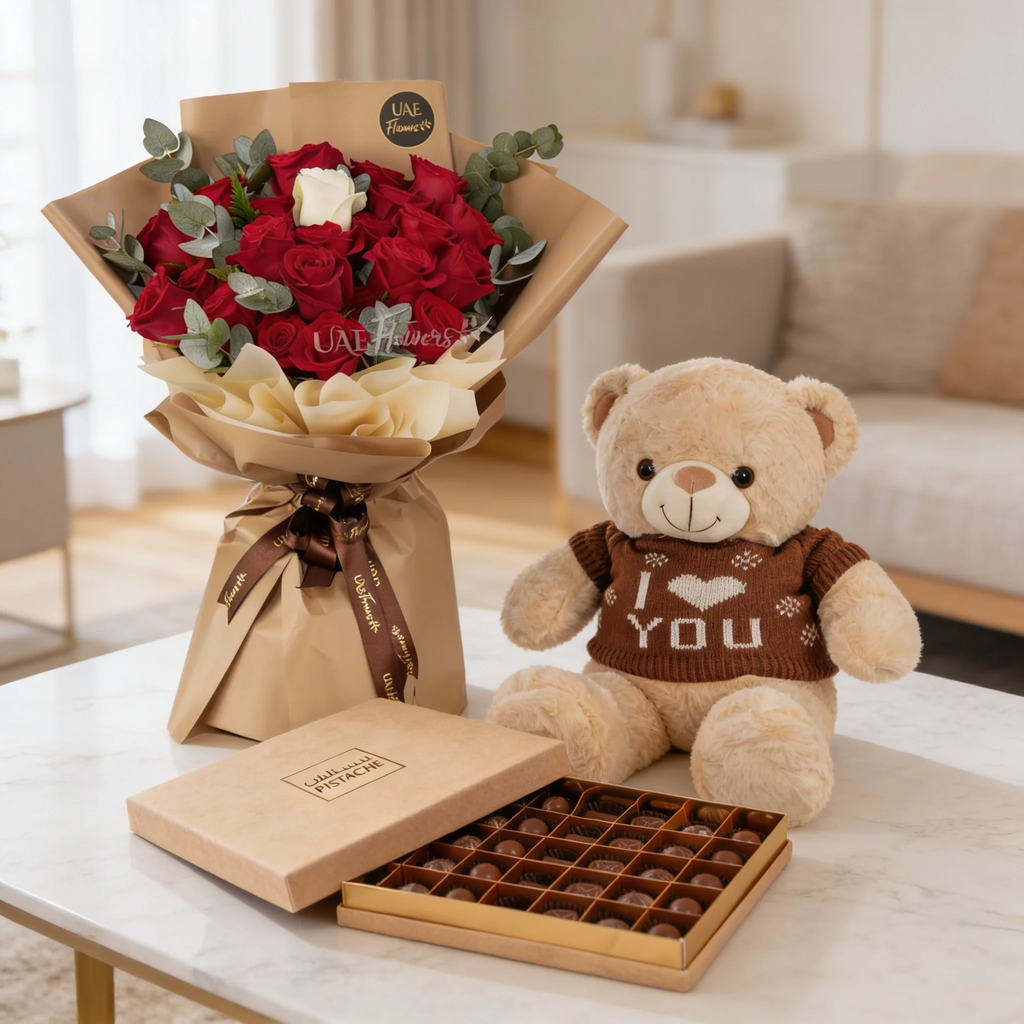 19 Red Roses with Pistache Chocolate & Teddy