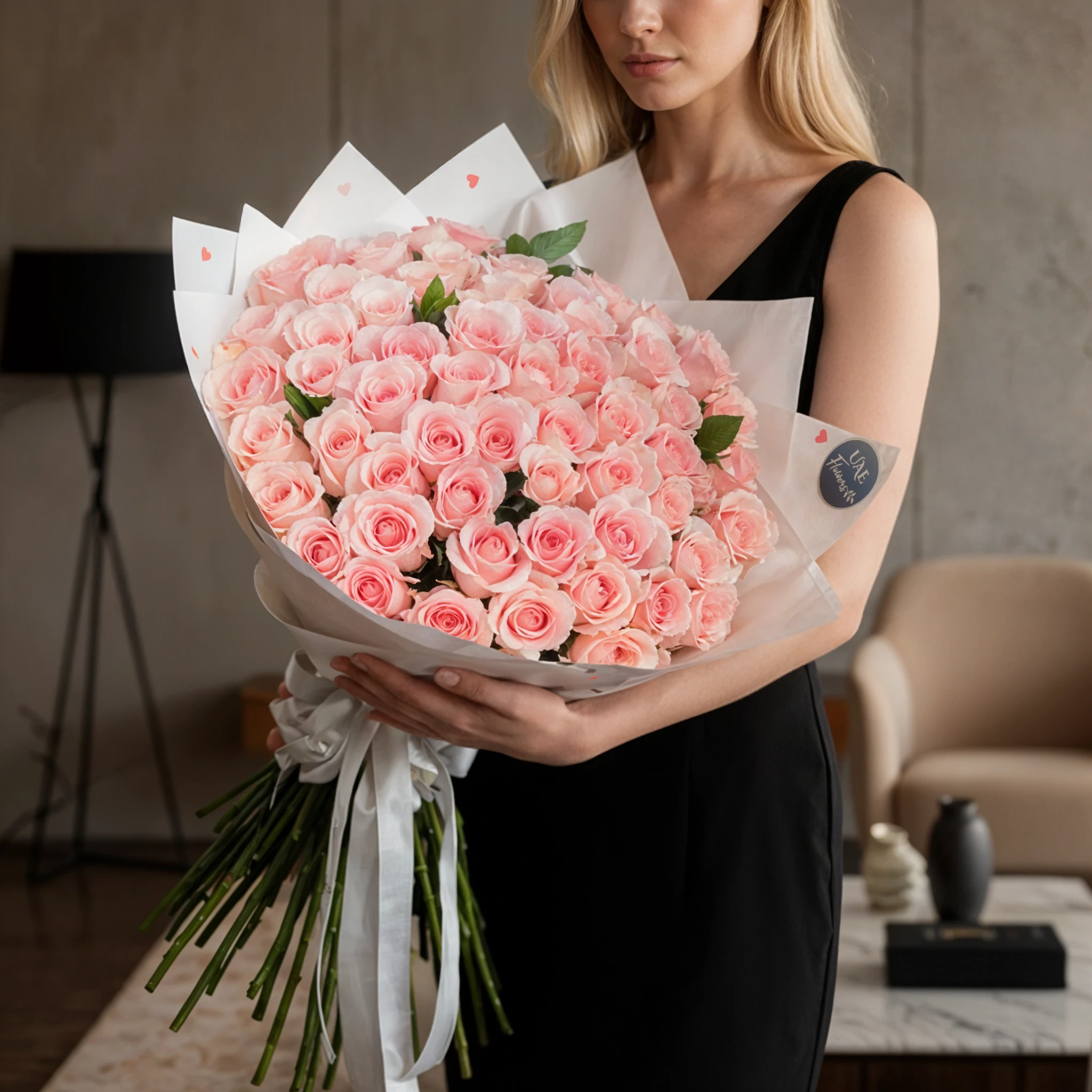 Bouquet of 50 pink roses in paper packing hand-tied with ribbons.