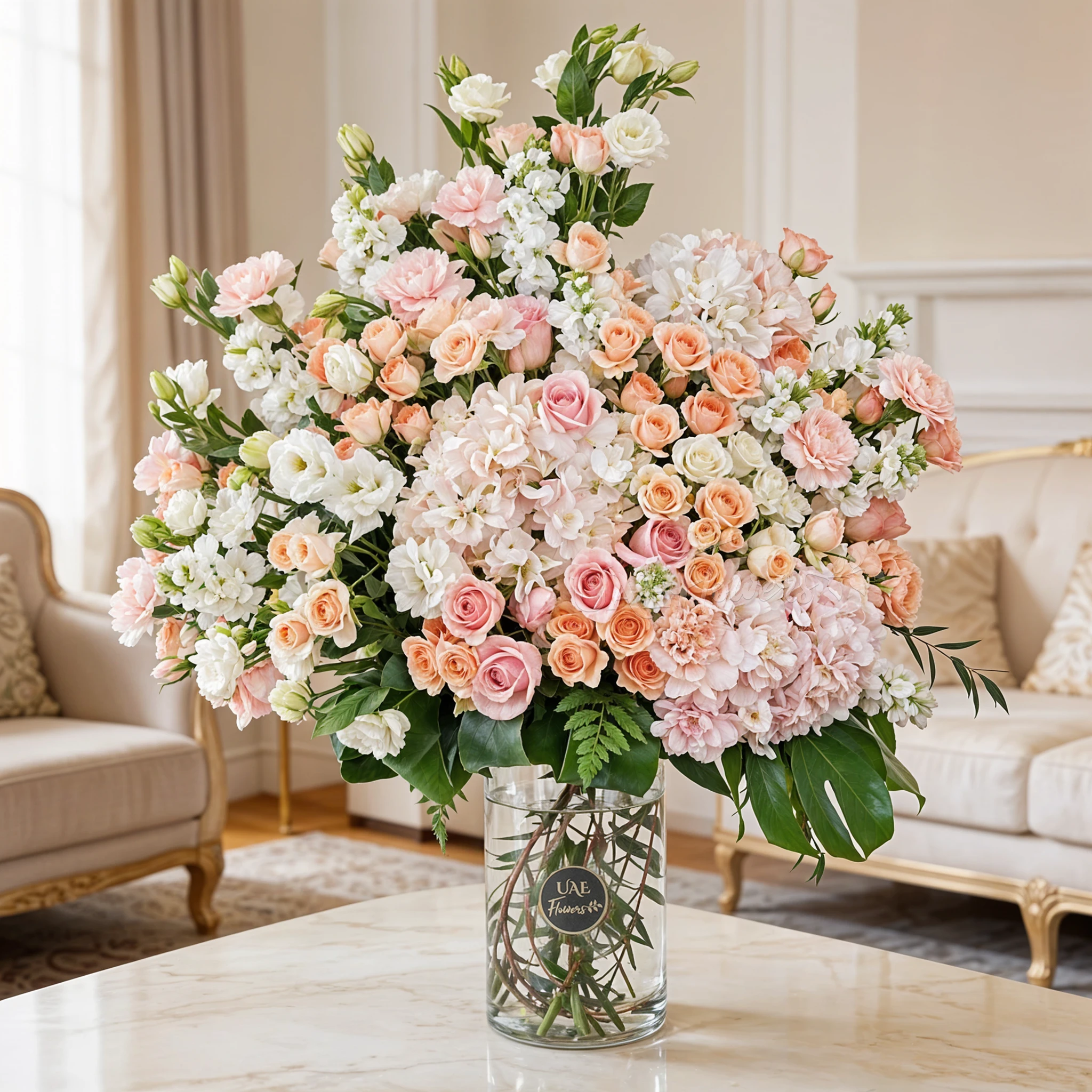 10 white lisianthus, 10 white matthiola, 10 peach roses, 10 pink carnations, 15 pink spray roses and 3 pink hydrangeas with green fillers in a glass vase.