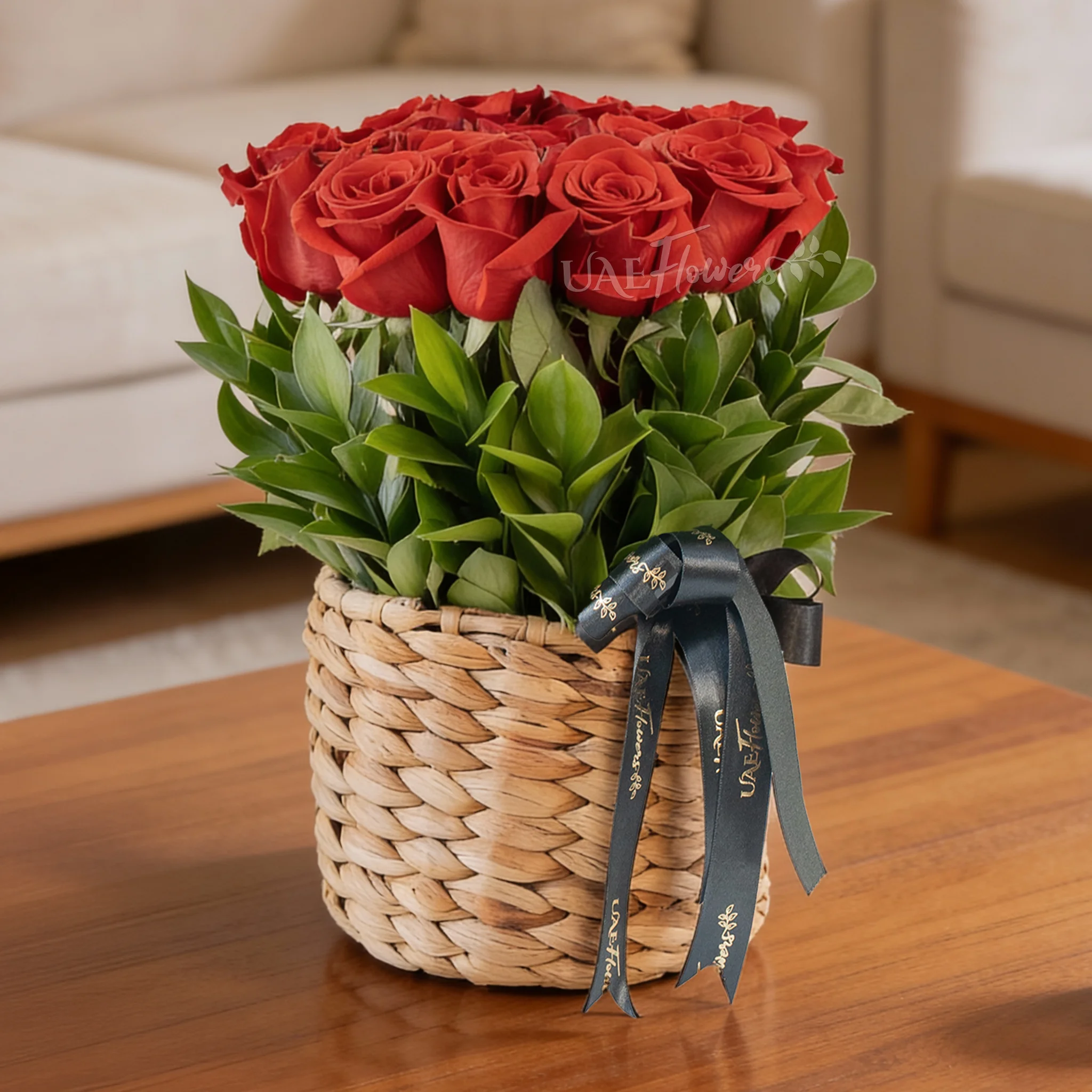 12 Red Roses in a Round Basket