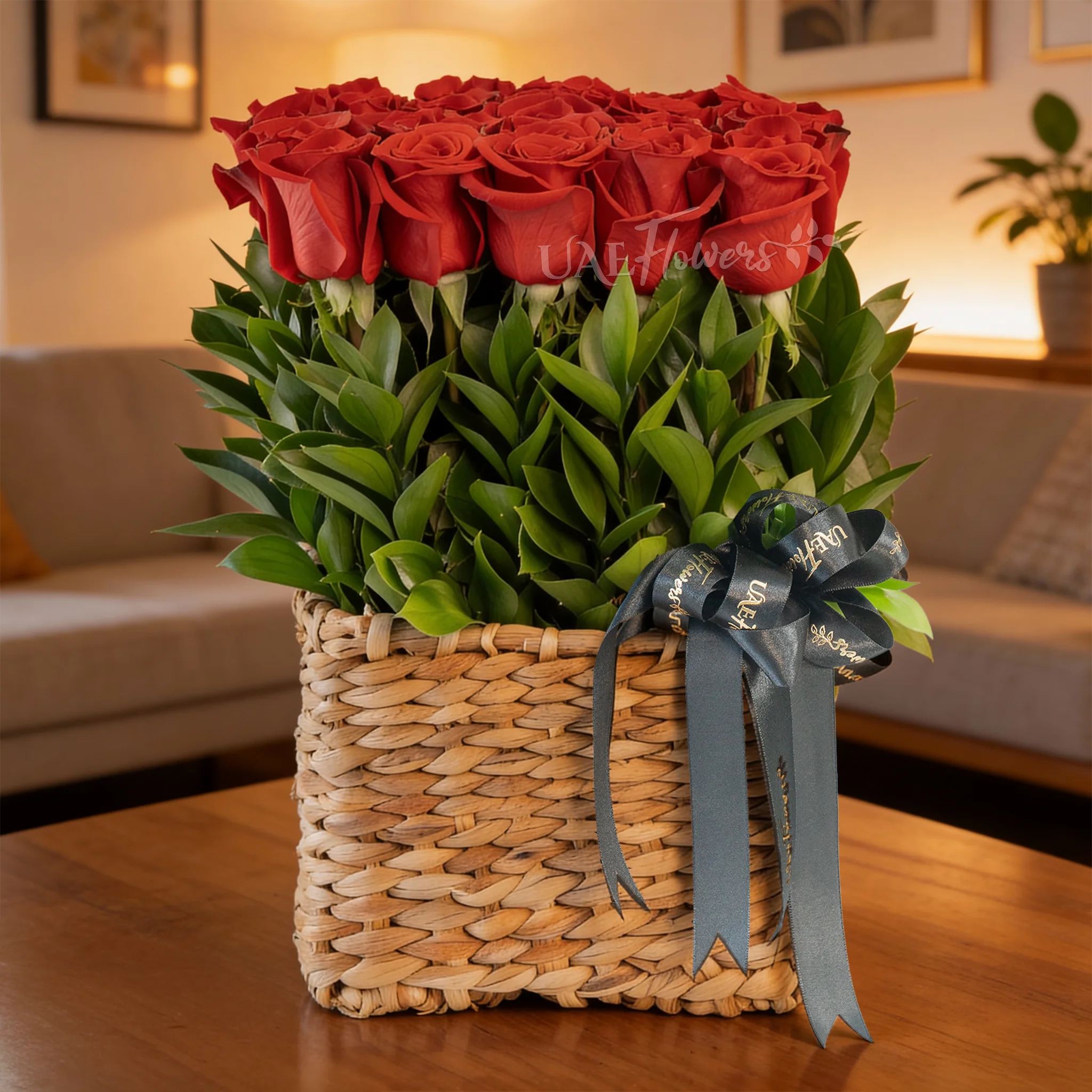 25 Red Roses in a Square Basket