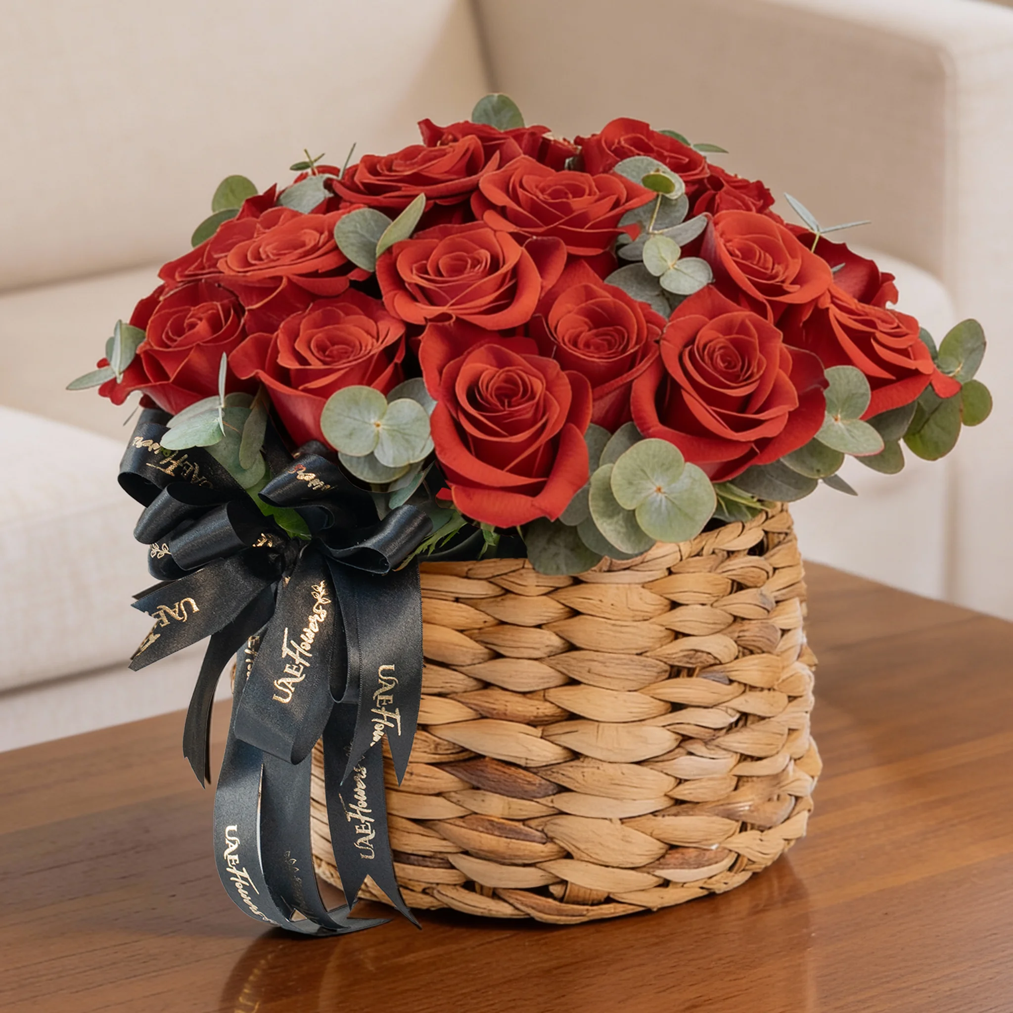 25 Red Roses in a Round Basket