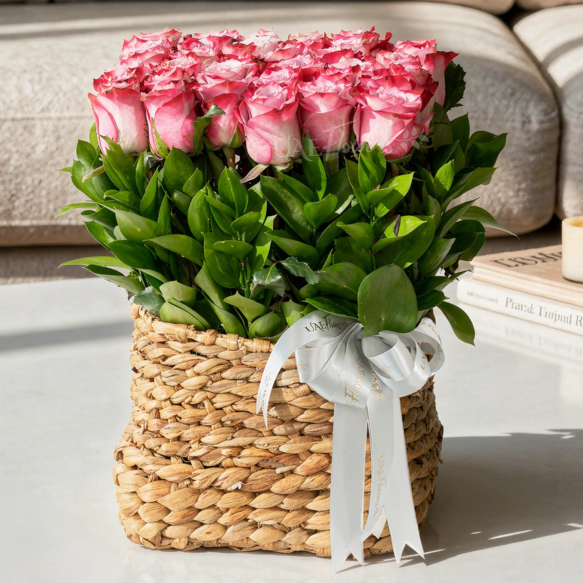 36 Purple Roses in a Square Basket