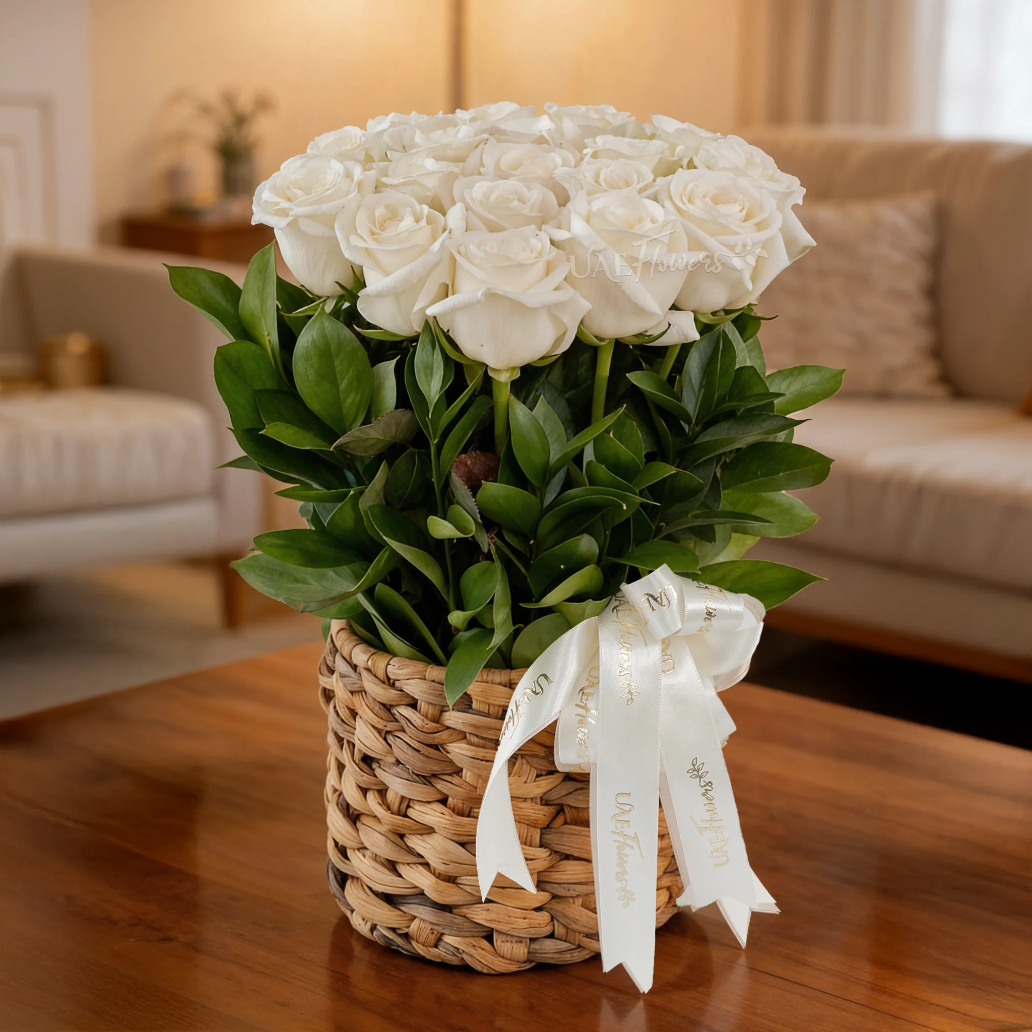 18 White Roses in a Basket