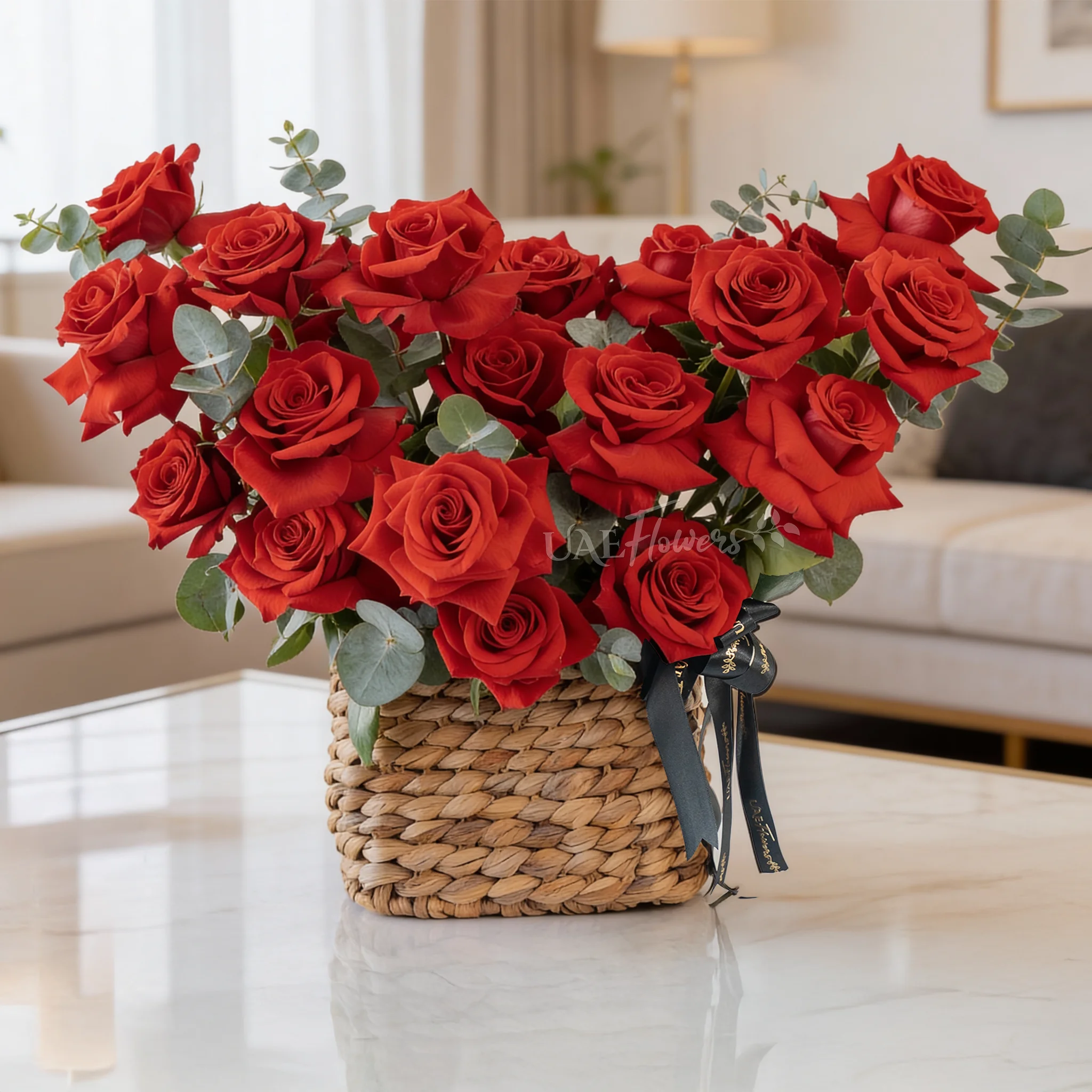 20 Opened Red Roses in a Basket with Fillers