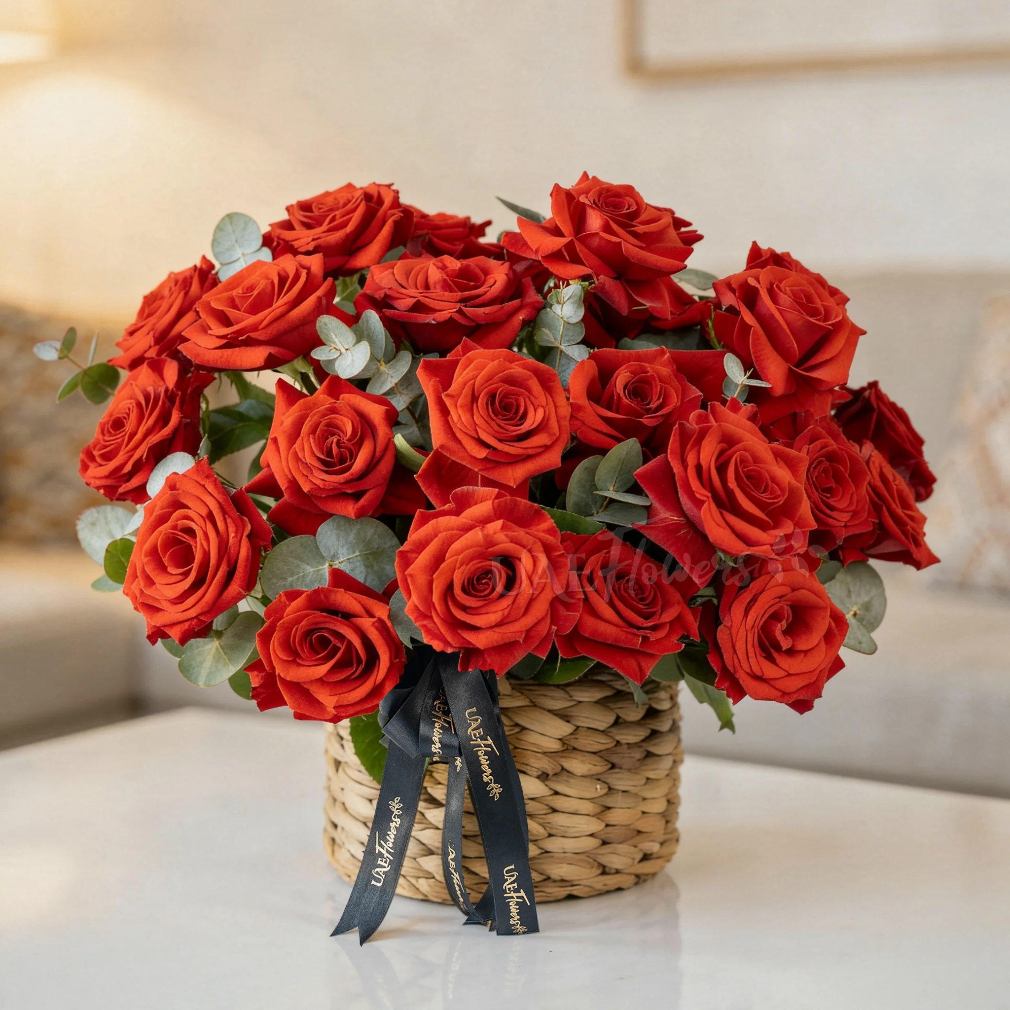 20 Opened Red Roses in a Round Basket