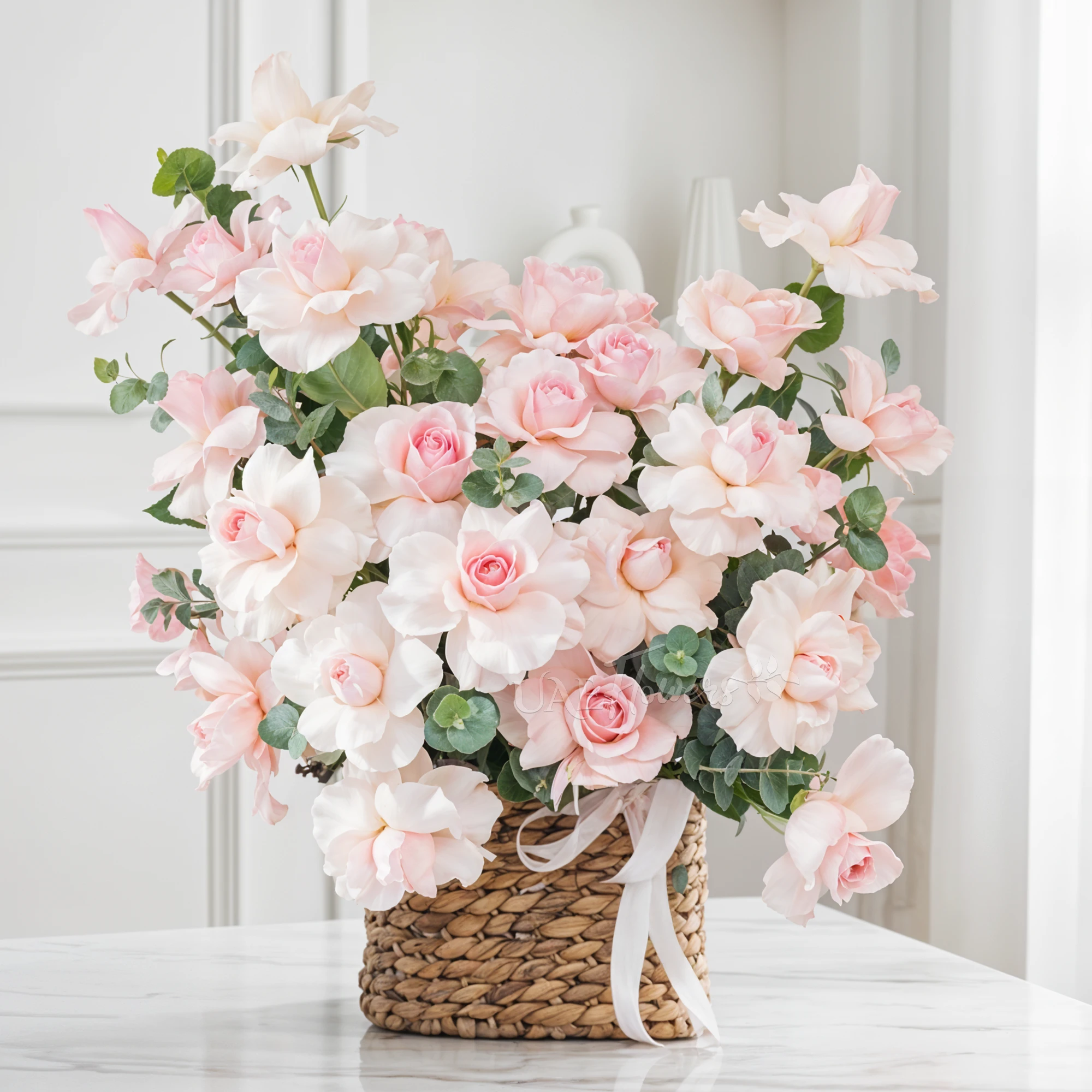 23 pink roses with green fillers in a basket.