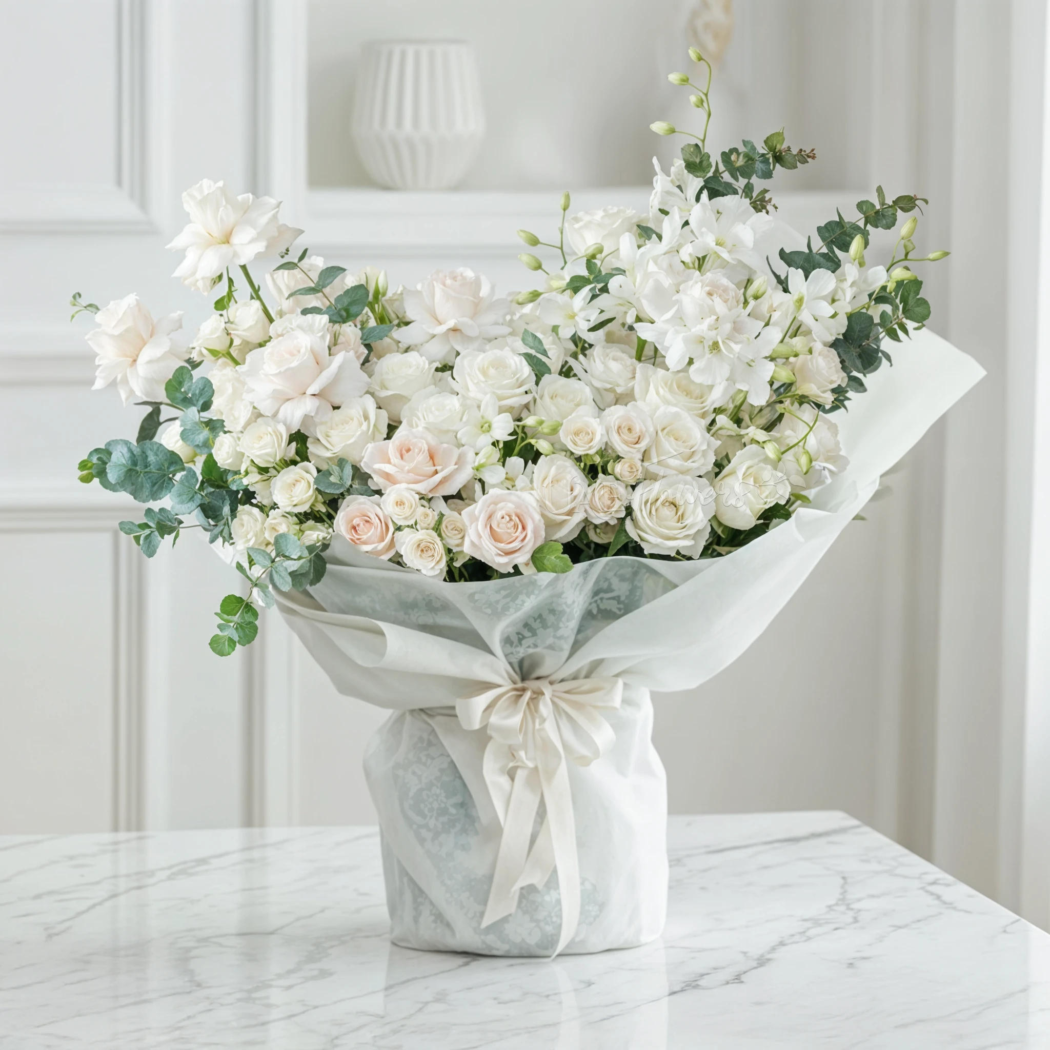Bouquet of 20 white roses and 10 white spray roses with green fillers in white paper packing tied with white ribbon.