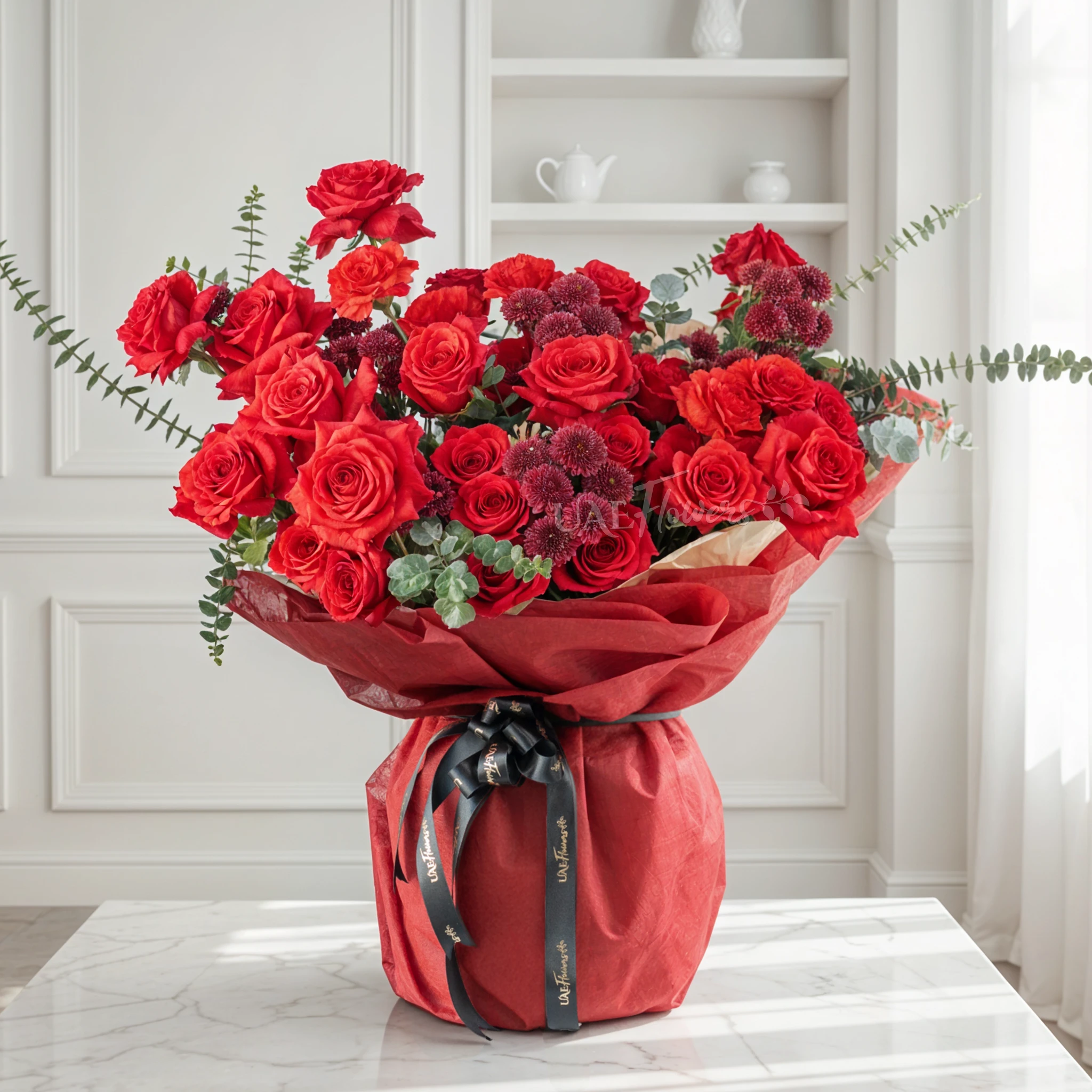 Bouquet of 10 red roses, 5 red spray roses and 3 red button chrysanthemums with eucalyptus leaf in red paper packing tied with black ribbon.