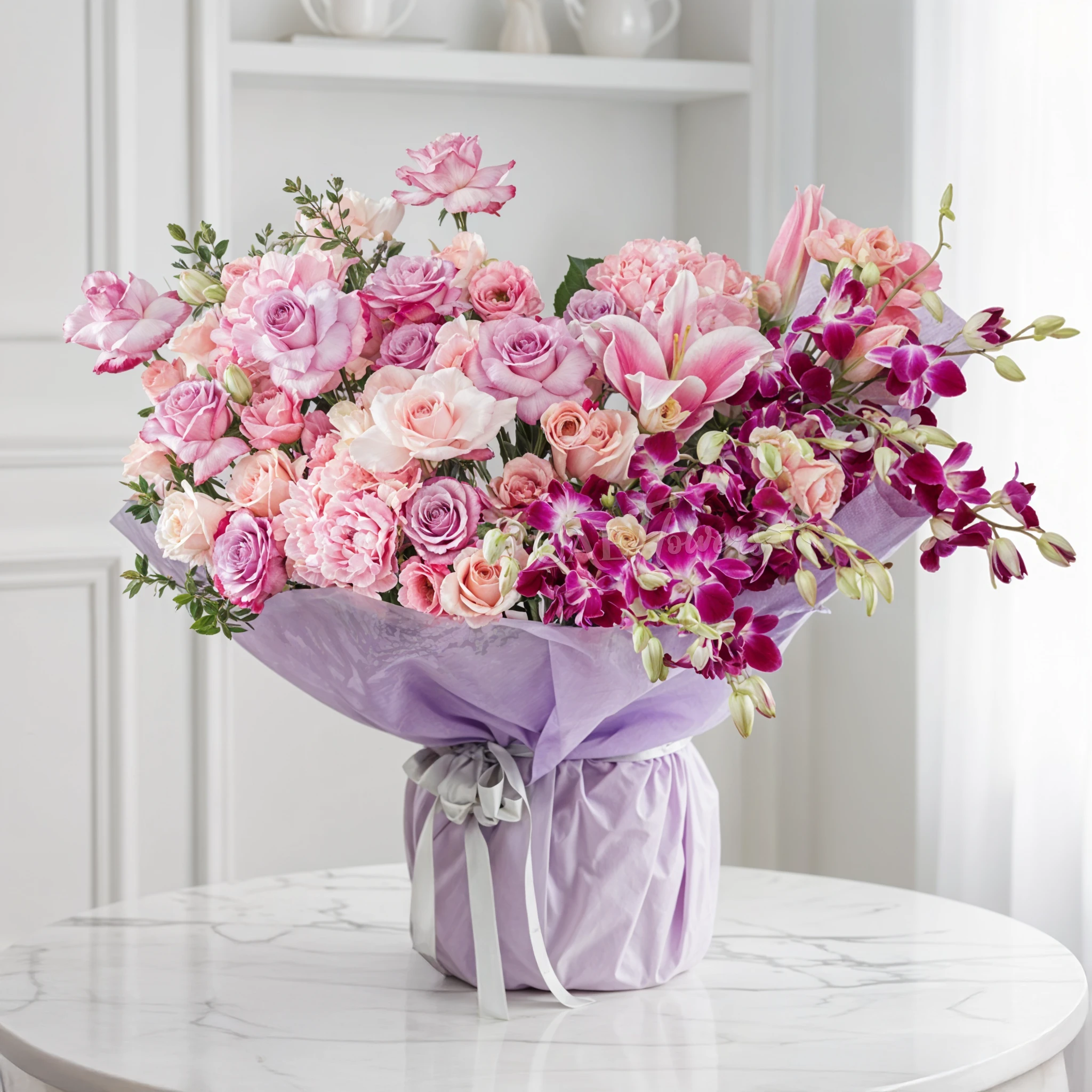 Bouquet of 2 pink hydrangeas, 10 purple orchids, 2 pink lilies, 8 purple roses and 10 pink roses with green fillers in purple paper packing tied with grey ribbon.