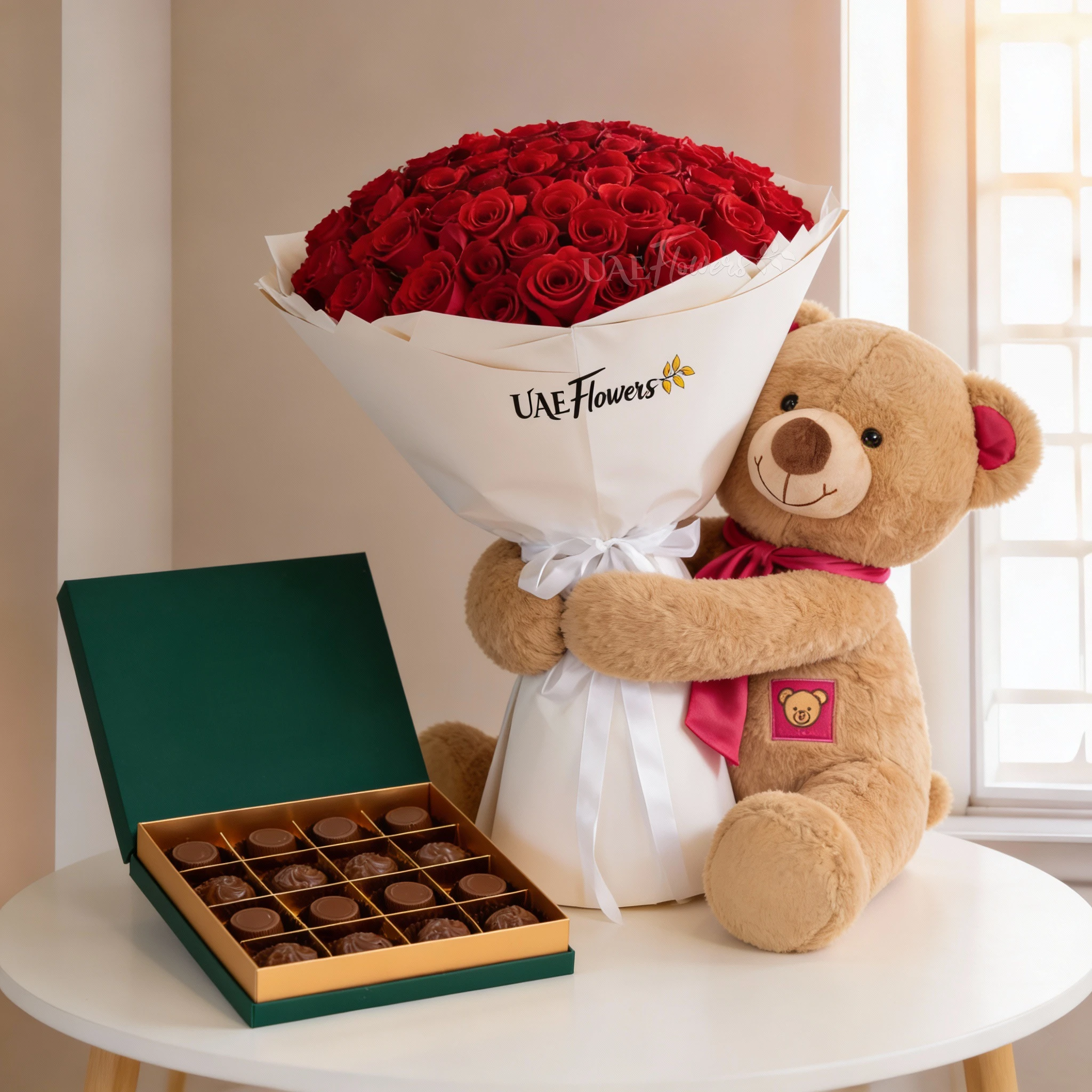 Bouquet of 50 red roses in white packing, medium size teddy bear and 16 Pcs Pistache Classic Selection Chocolate Box.