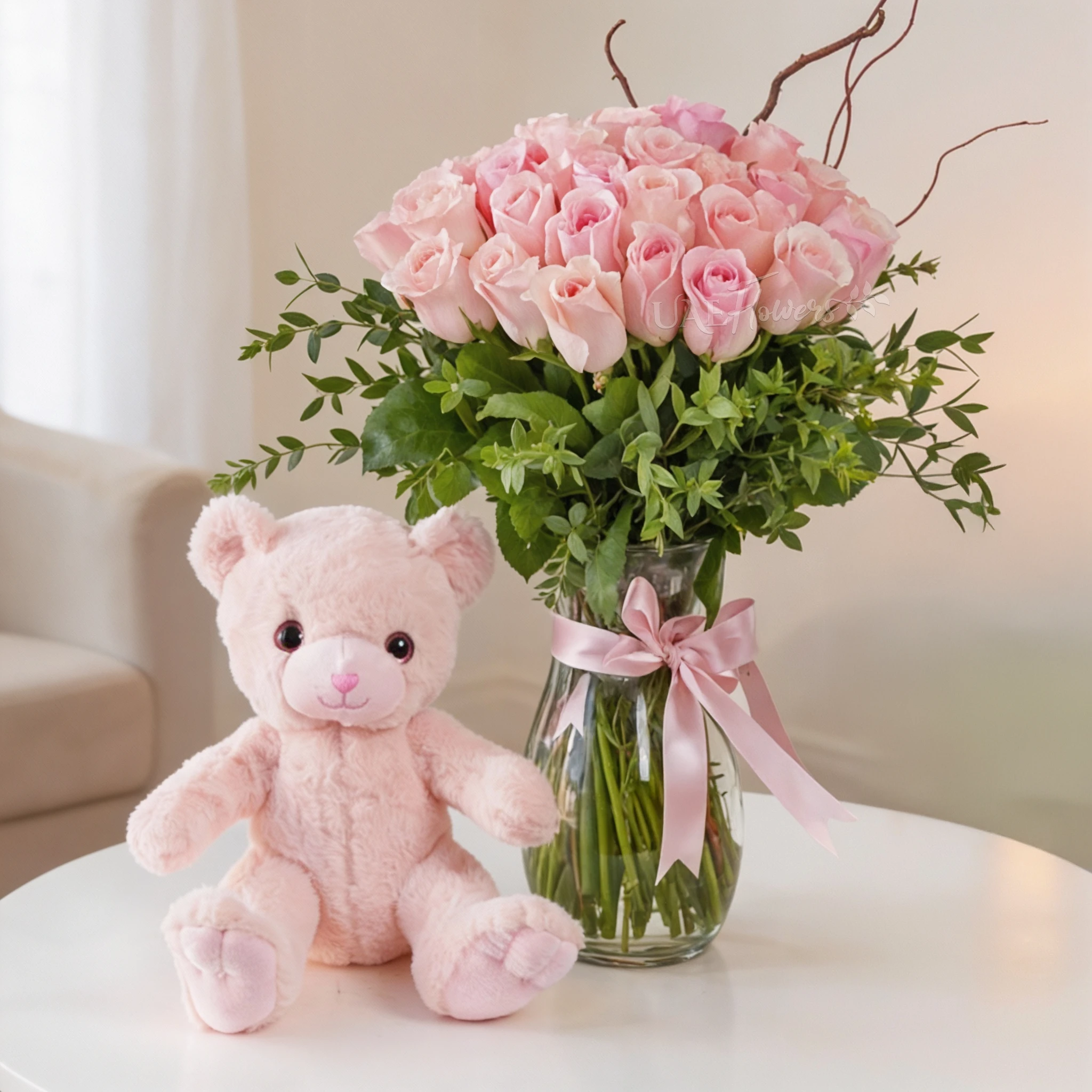 30 Pink Roses in Glass Vase with Small Pink Teddy