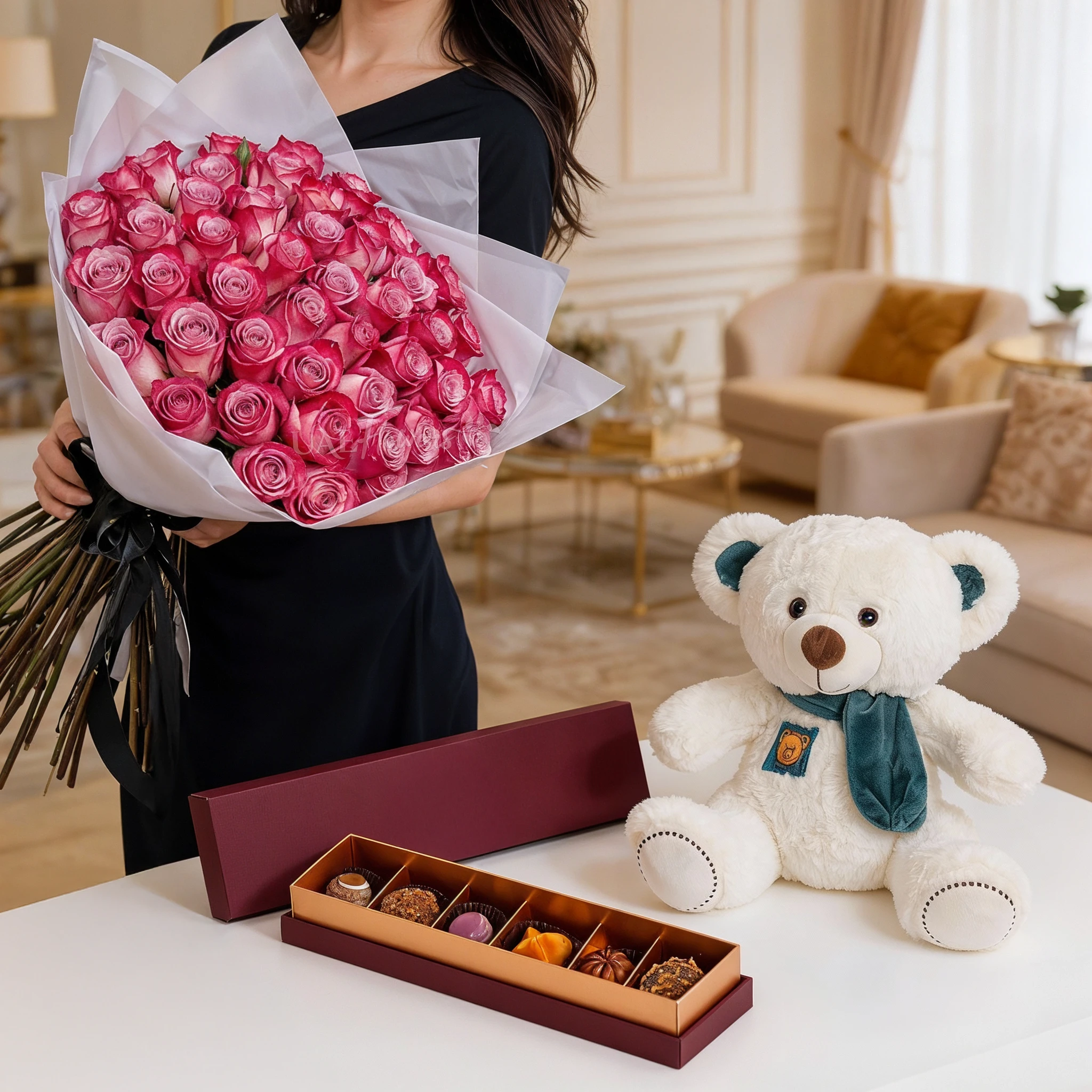 50 Purple Roses Small White Teddy & 6 Pcs Pistache Chocolate Box