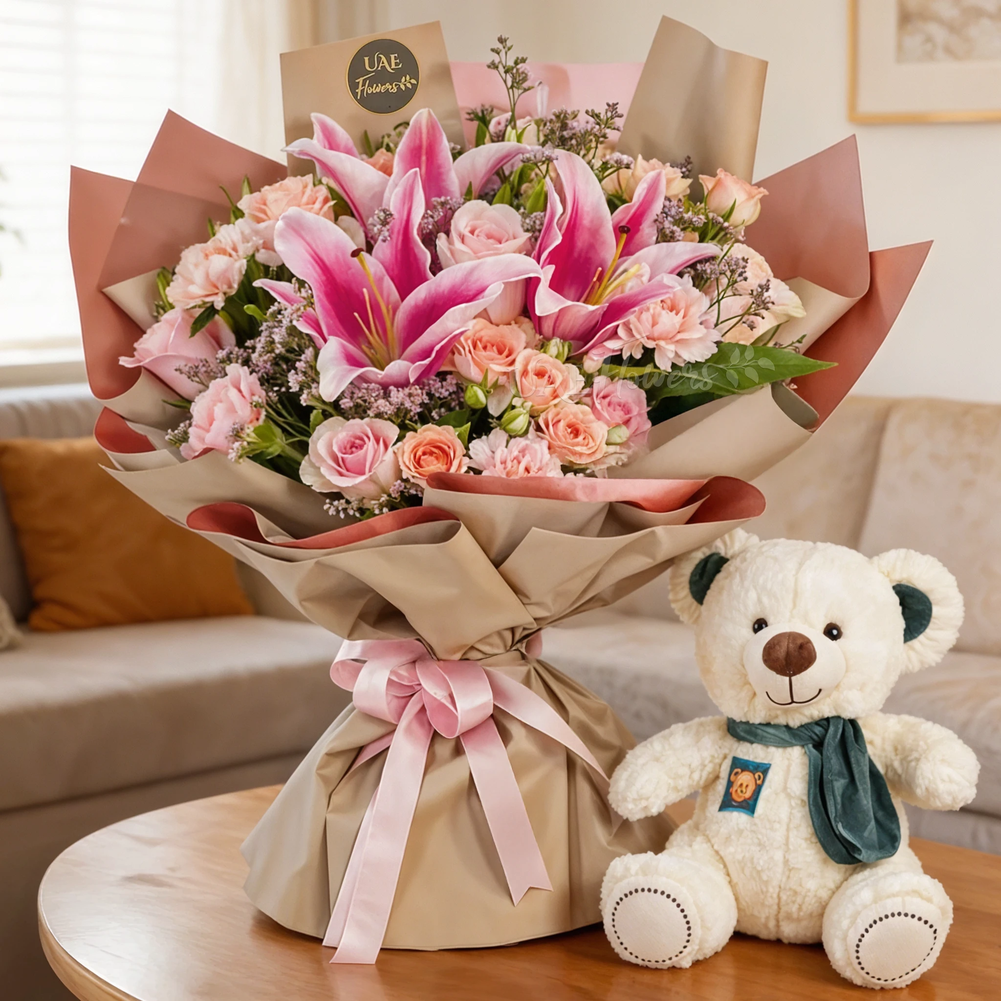 Pink Lily, Roses & Carnations Bouquet with White Teddy