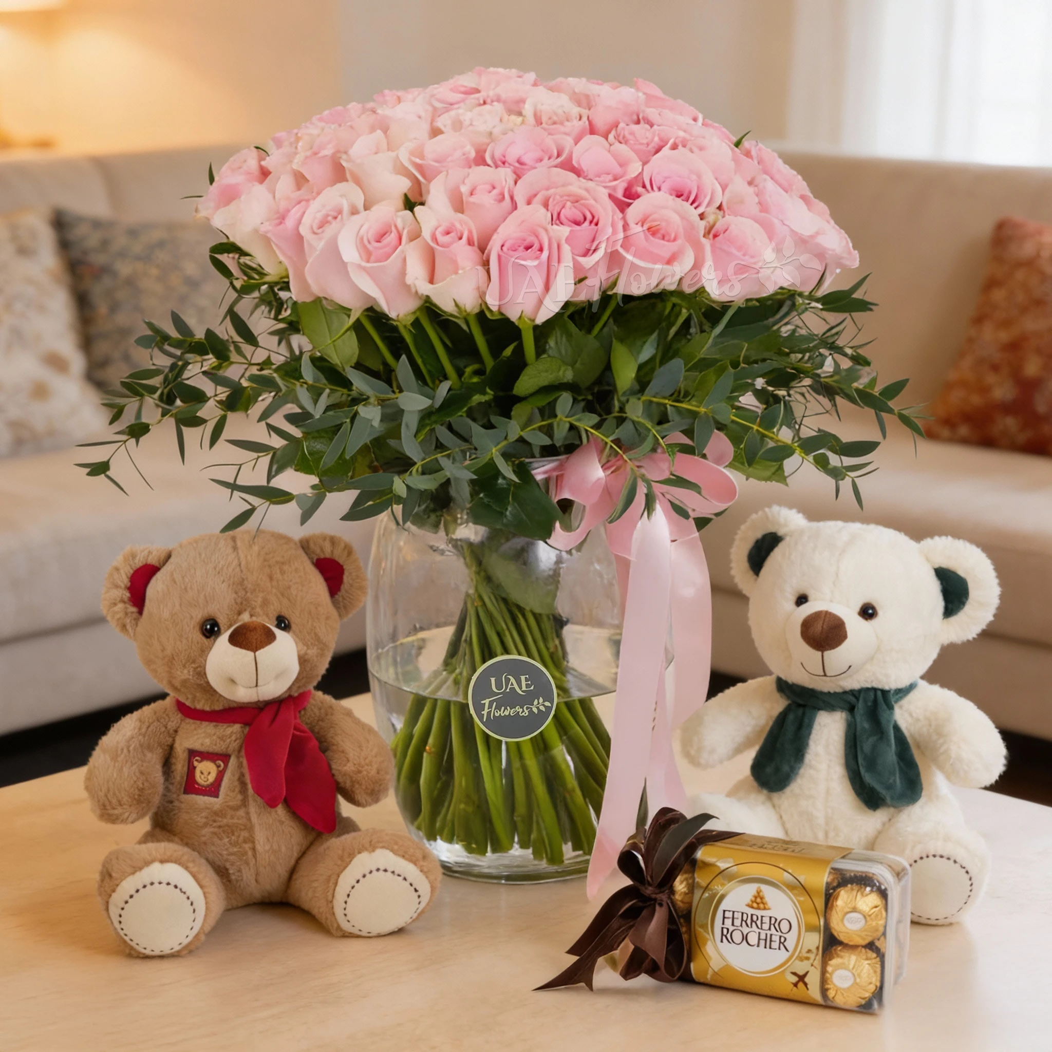 Pink Roses in Glass Vase with Teddy & Ferrero Rocher