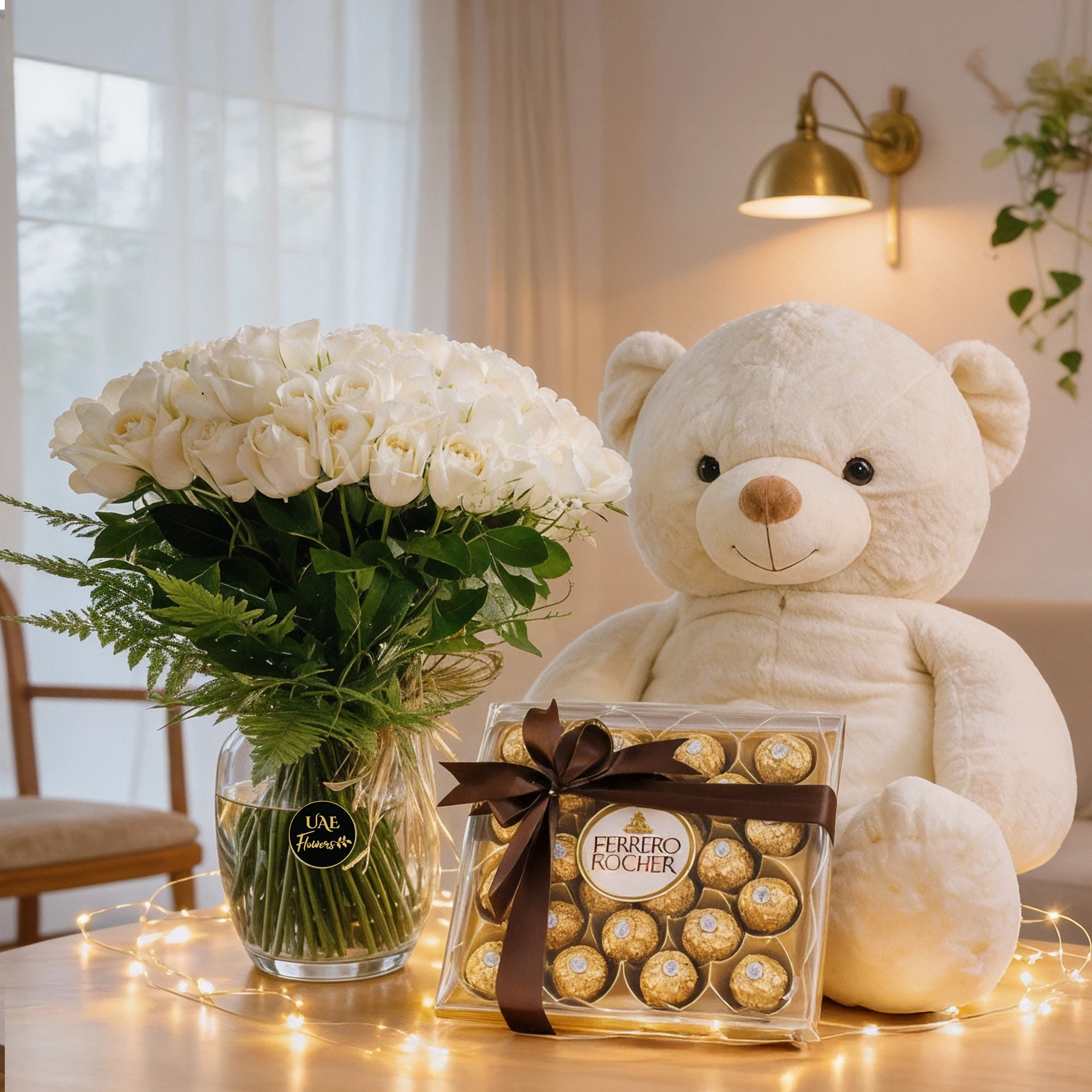 100 White Roses in Glass Vase with Ferrero & Jumbo Teddy
