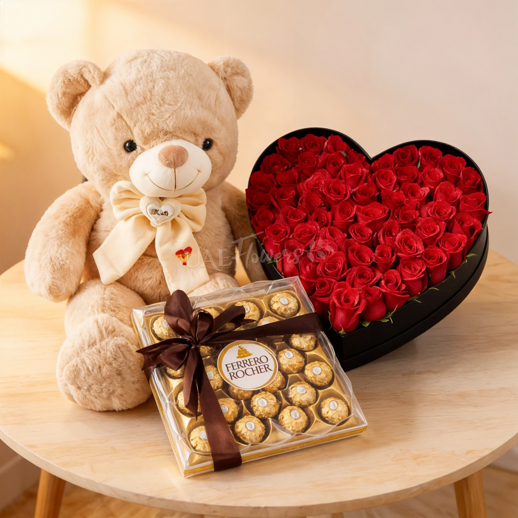 60 Red Roses Heart Box with Teddy & Ferrero Rocher