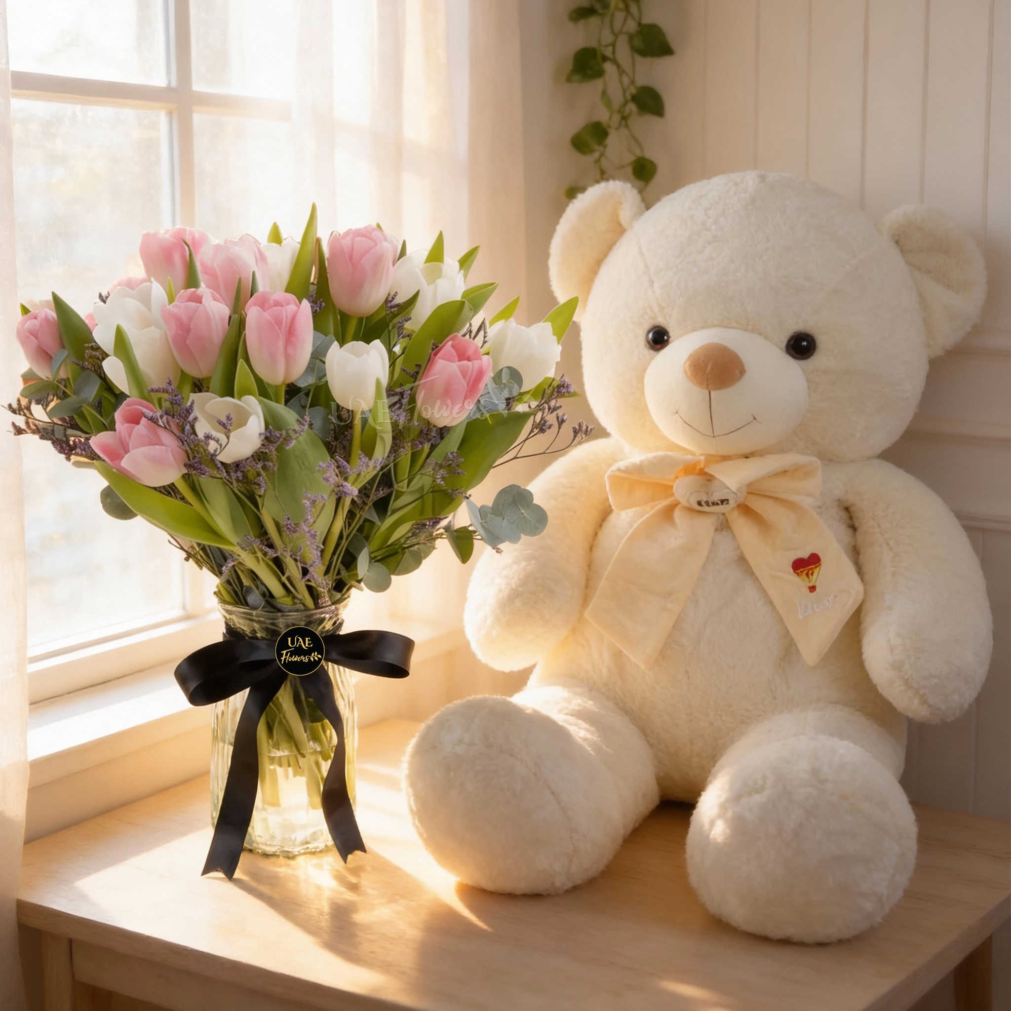 20 White & Pink Tulips with White Jumbo Teddy