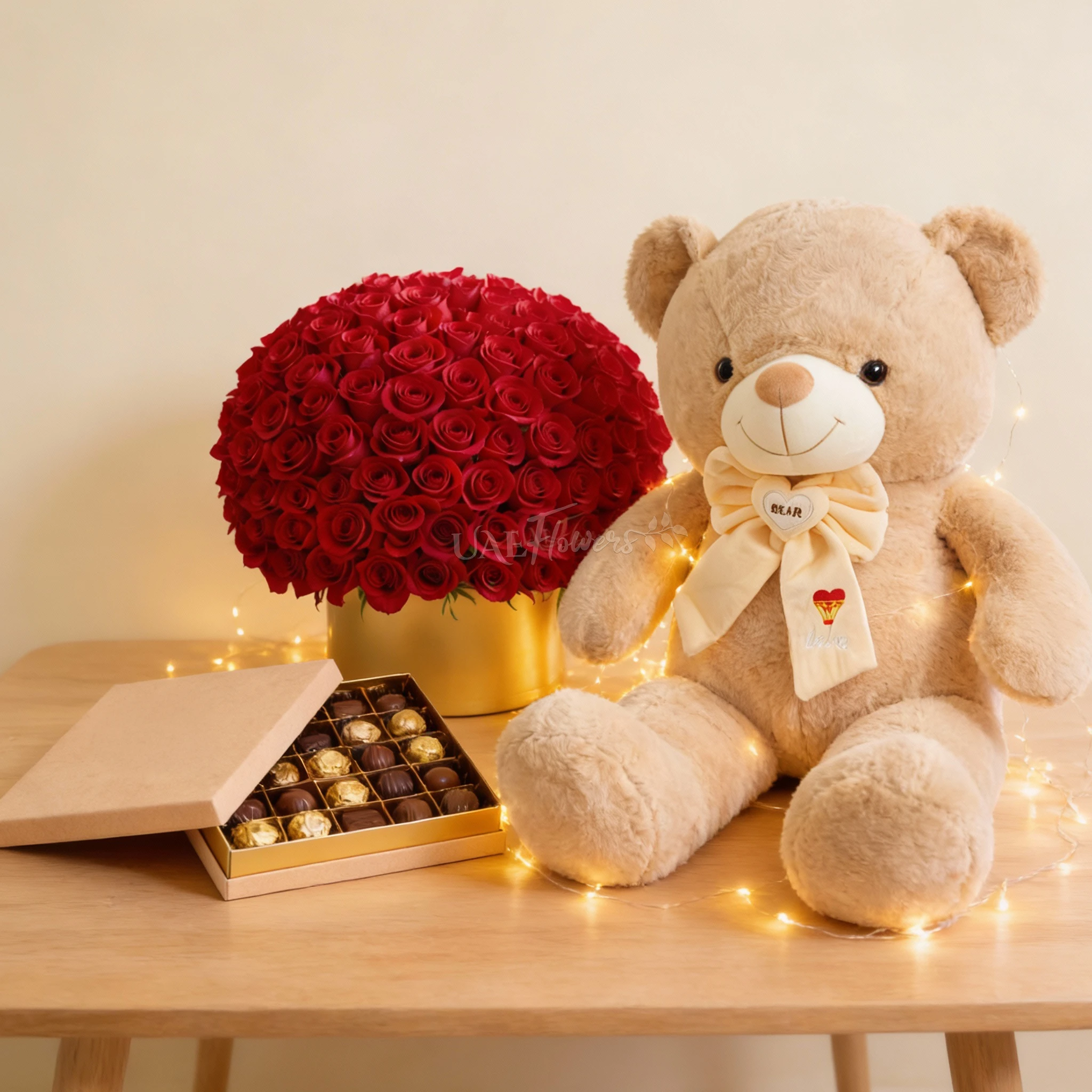 100 Red Roses Box with Jumbo Teddy & Pistache Luxe Chocolates