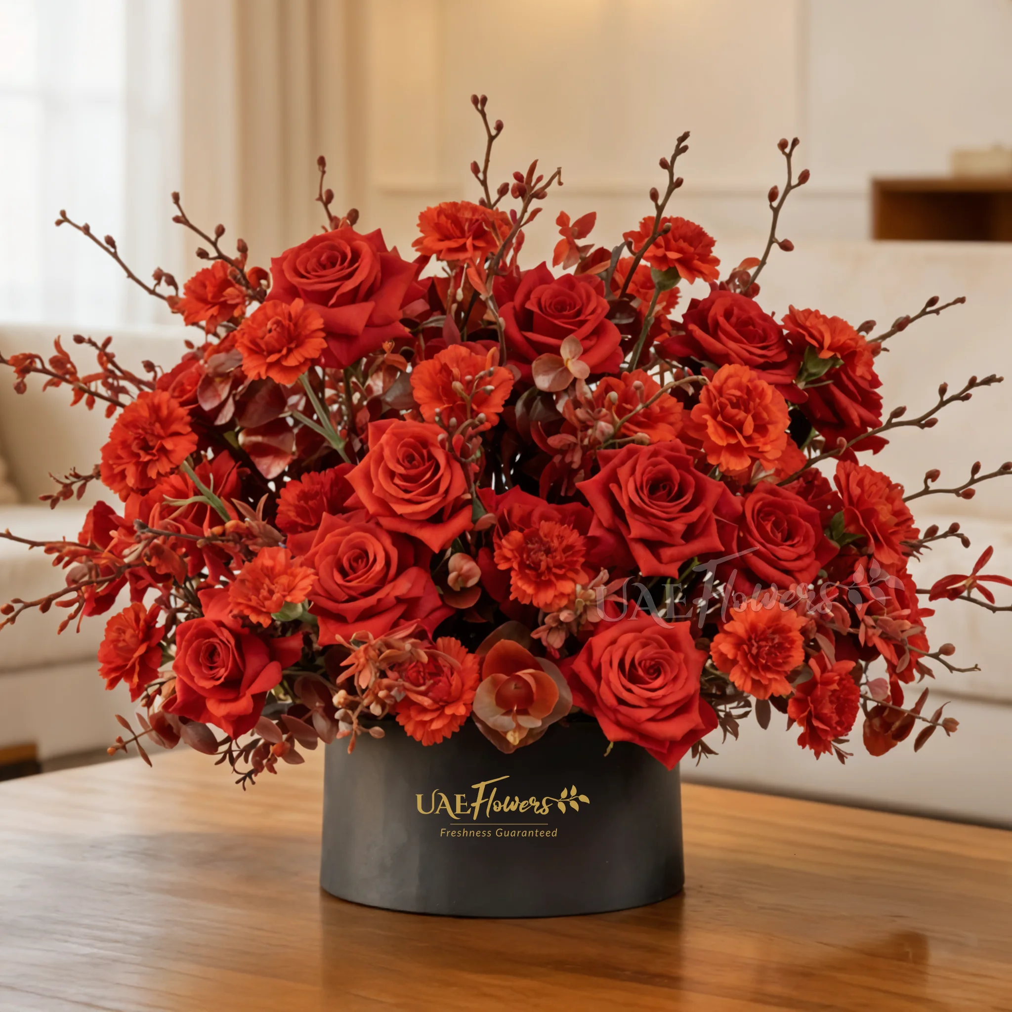 50 red roses, 25 red carnations, and 30 Annie black orchids arranged in a round box, a luxurious floral gift for grand celebrations and romantic gestures.