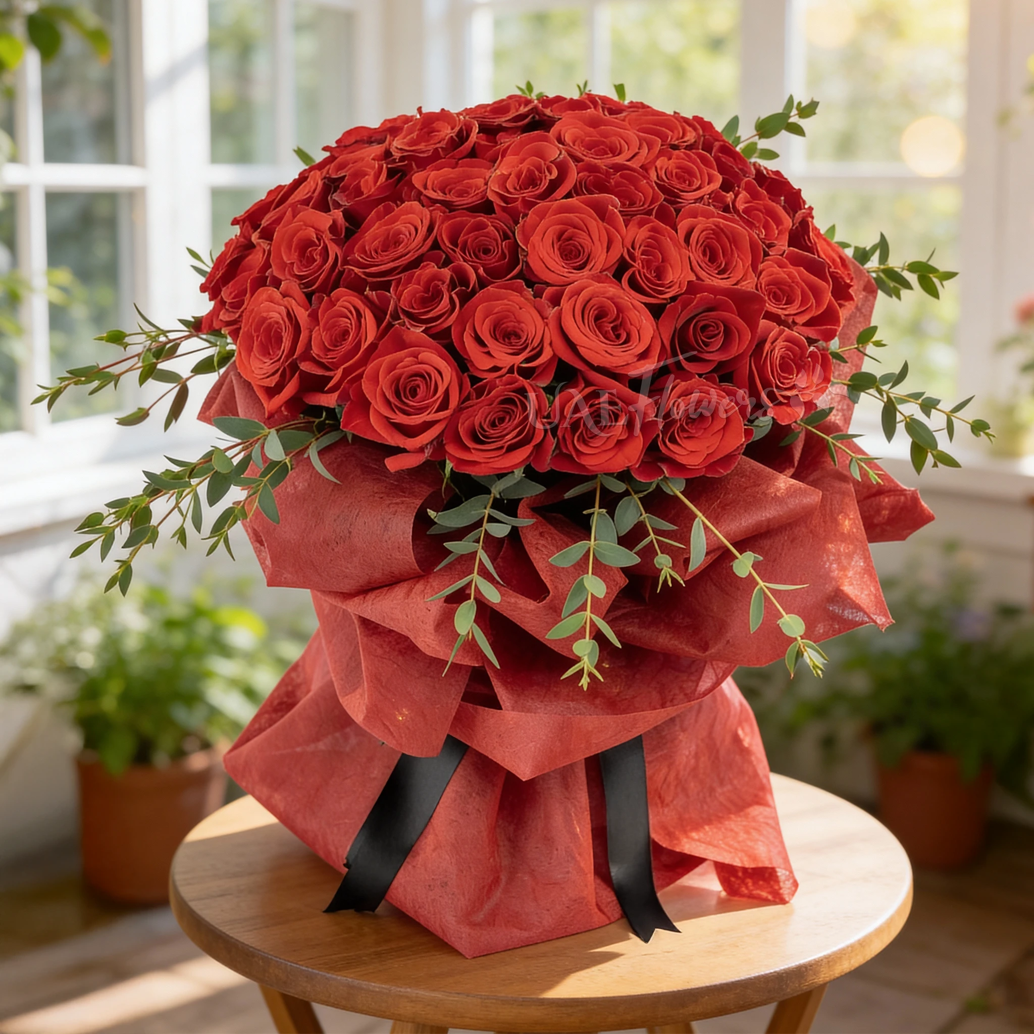 Bouquet of 40 Red Roses with green fillers in red wrapping.