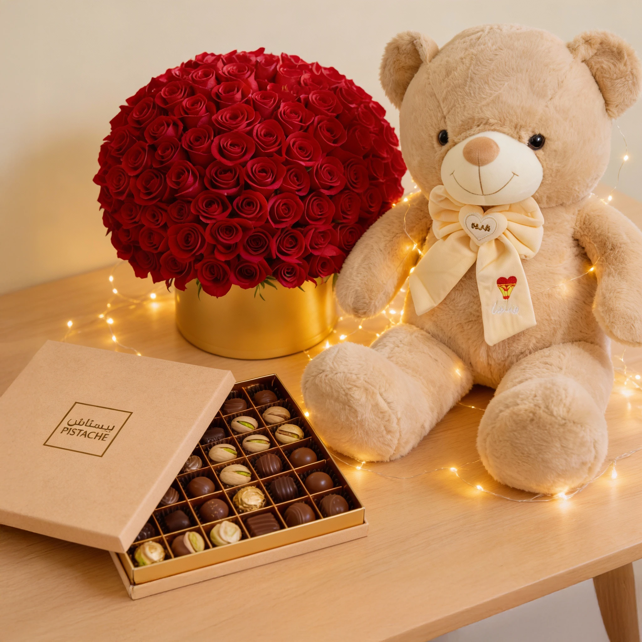 100 Red Roses Box with Jumbo Teddy & Pistache Luxe Chocolates