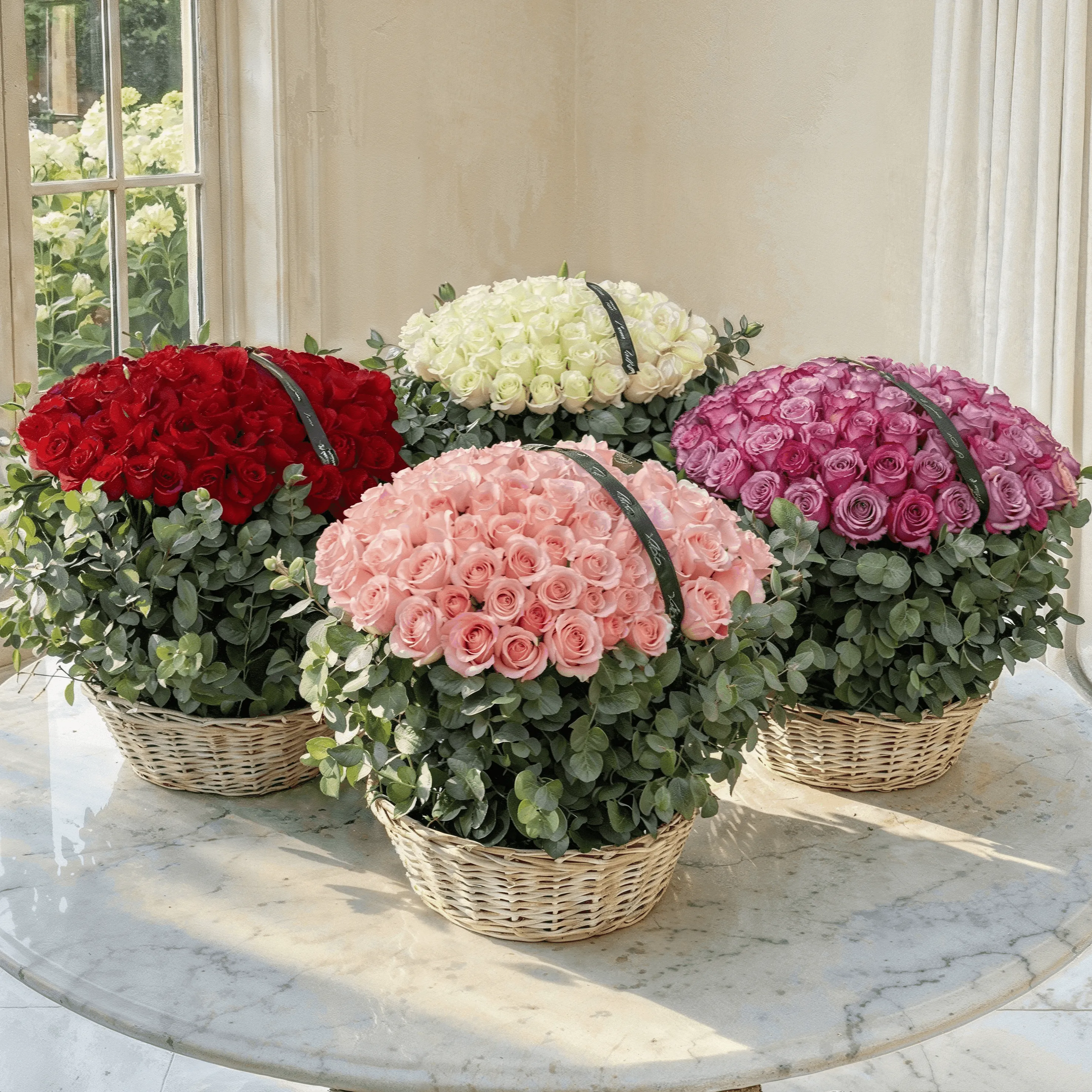 Four separate arrangements of 150 red roses, 150 white roses, 150 pink roses and 150 purple roses each beautifully arranged with eucalyptus leaves in a basket.