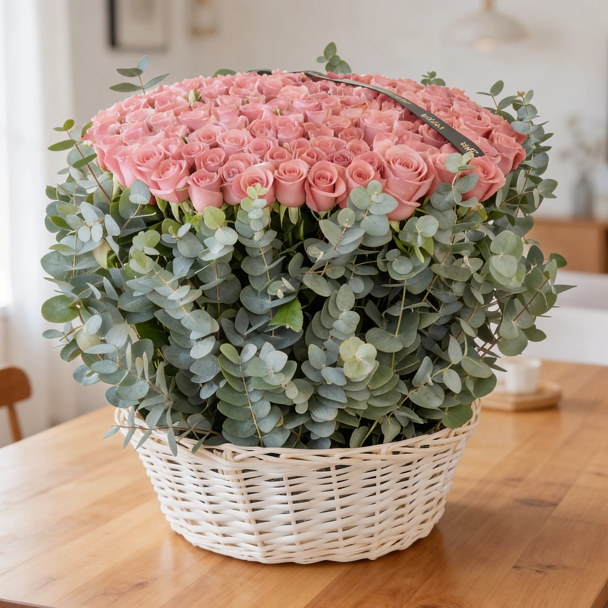 150 pink roses with green fillers in a basket.