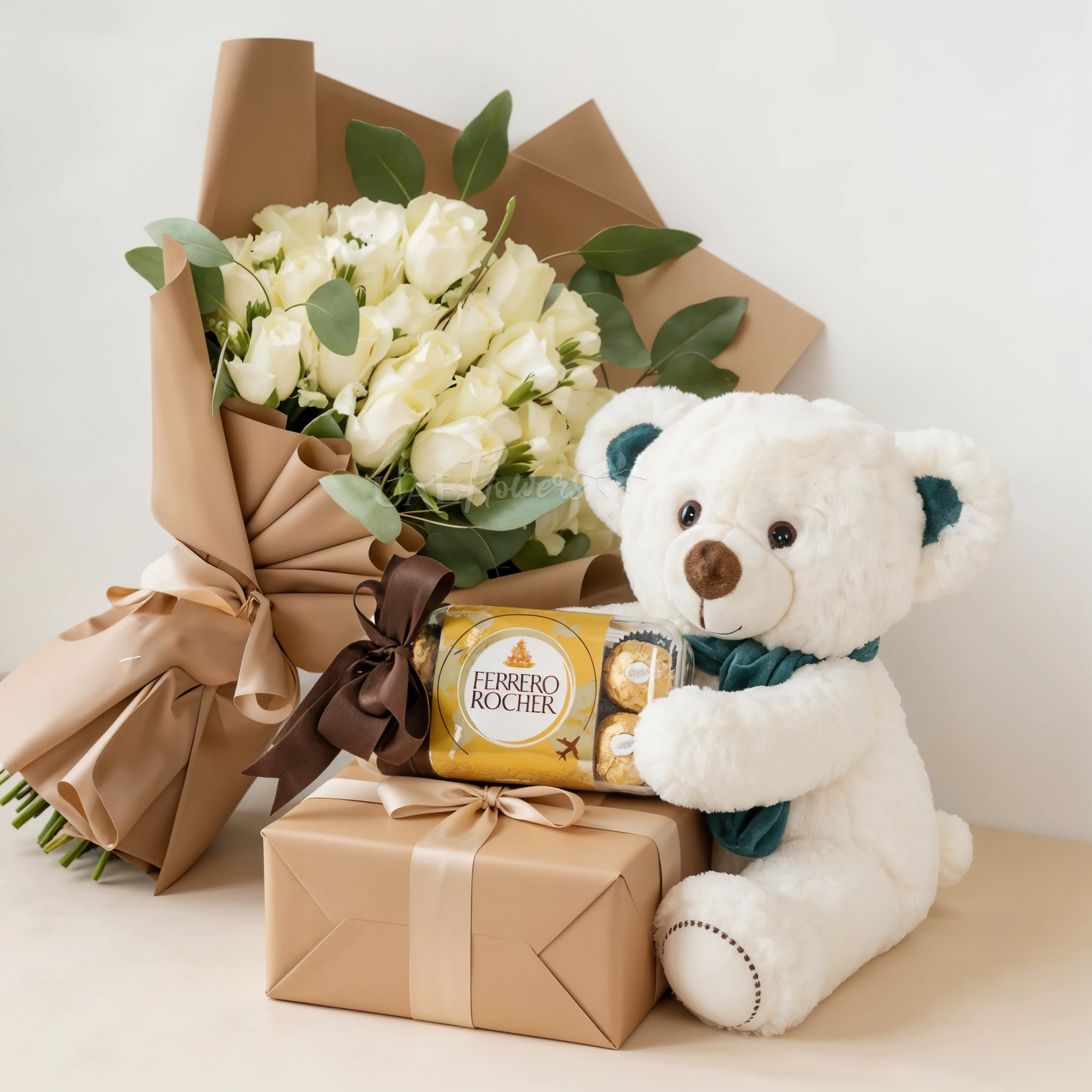 20 white roses with green fillers in brown wrapping tied with ribbons, small white teddy bear and 16pcs of Ferrero rocher chocolate.