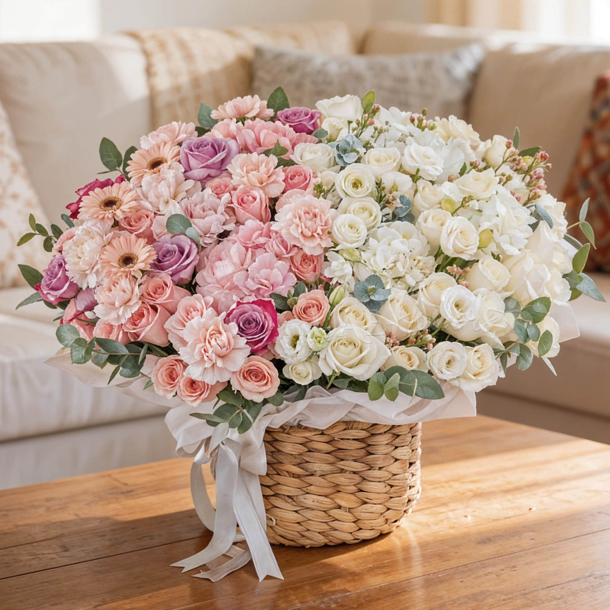 3 pink hydrangeas, 10 pink roses, 10 purple roses, 10 pink carnations, 3 pink gerberas, 3 white hydrangeas, 20 white roses and 7 white lisianthus with green fillers in a basket.