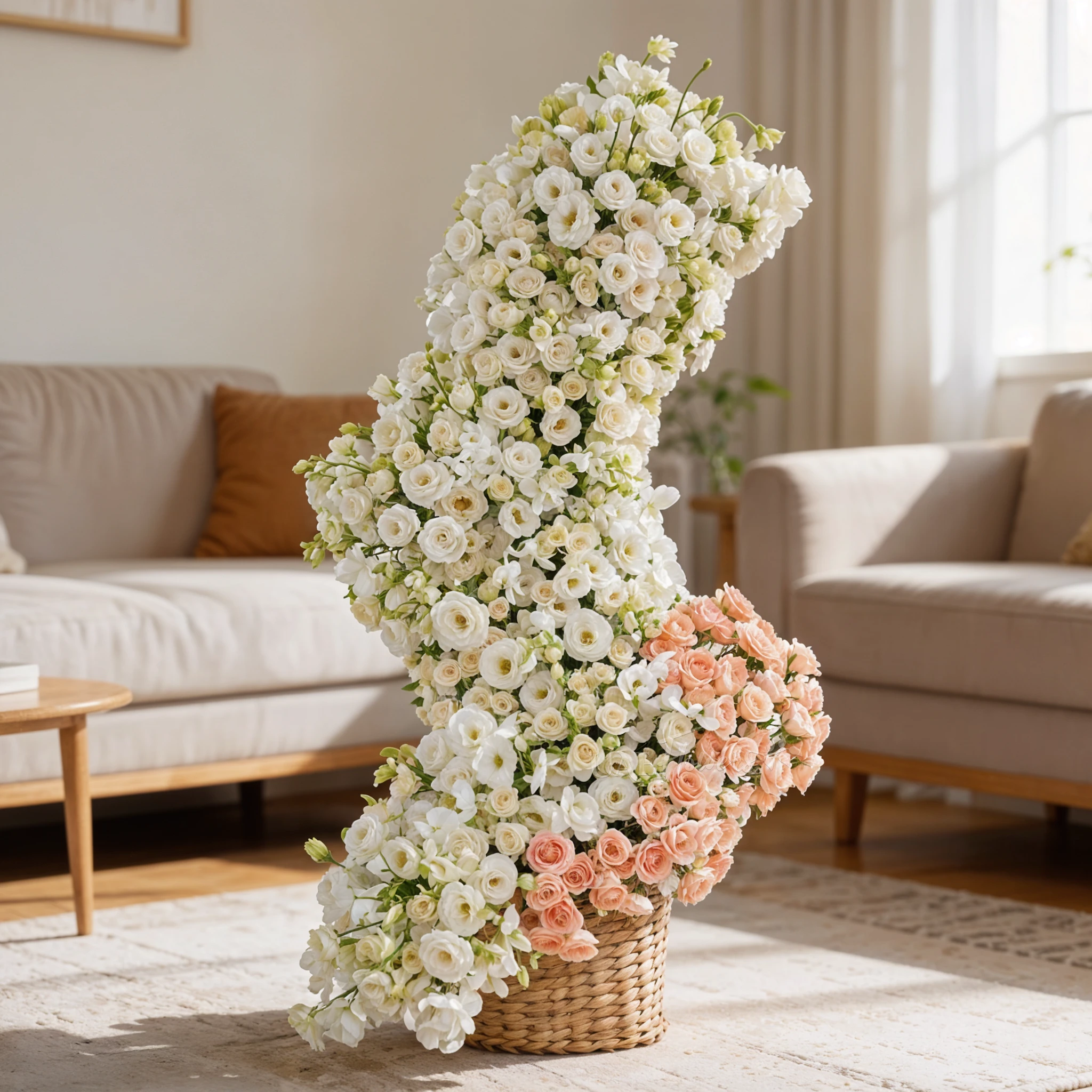 30 white lisianthus, 40 white spray roses, 10 white orchids and 10 pink spray roses arranged in a basket.