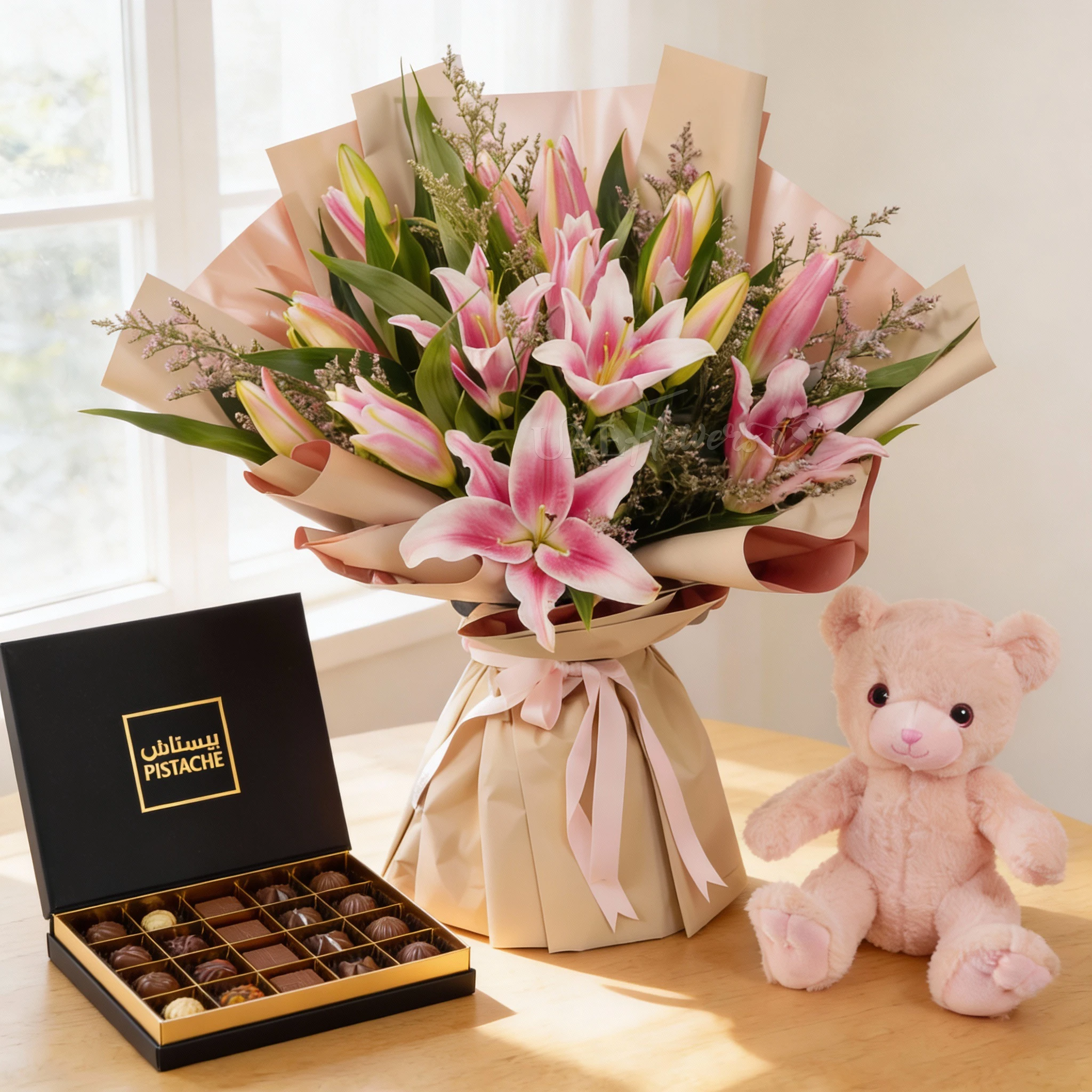 Bouquet of 5 pink lilies with green fillers in nice wrapping, small pink teddy bear and 25 Pcs Pistache Signature Temptation Chocolate Box.