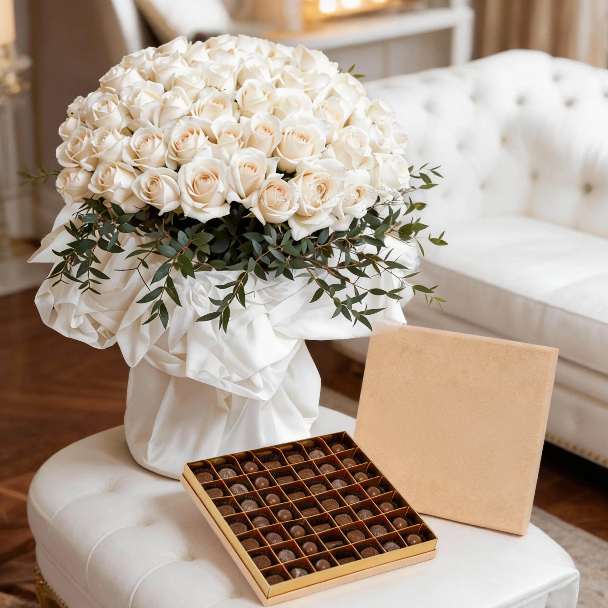 Bouquet of 40 White Roses with white wrapping and 49 Pcs Pistache Luxe Masterpiece Chocolate Box.
