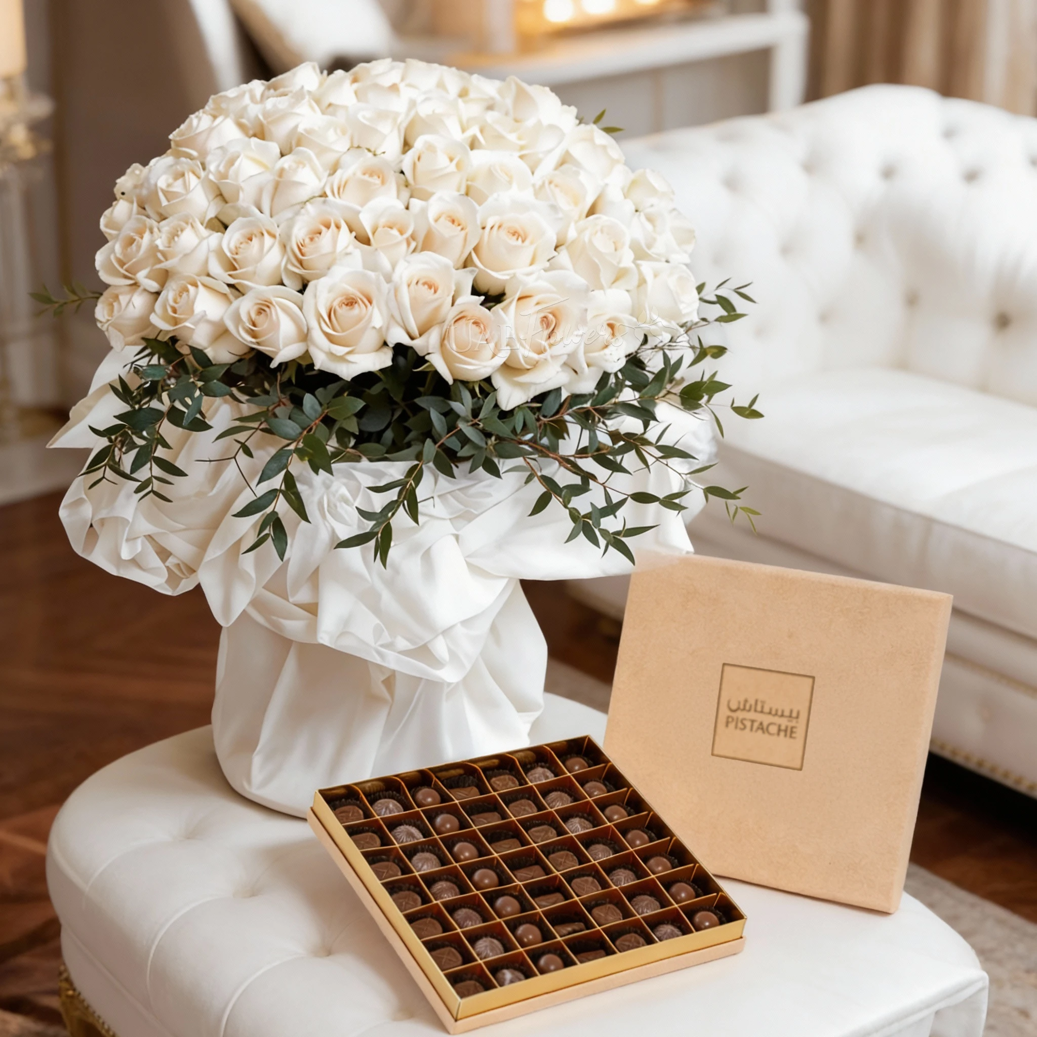 Bouquet of 40 White Roses with white wrapping and 49 Pcs Pistache Luxe Masterpiece Chocolate Box.
