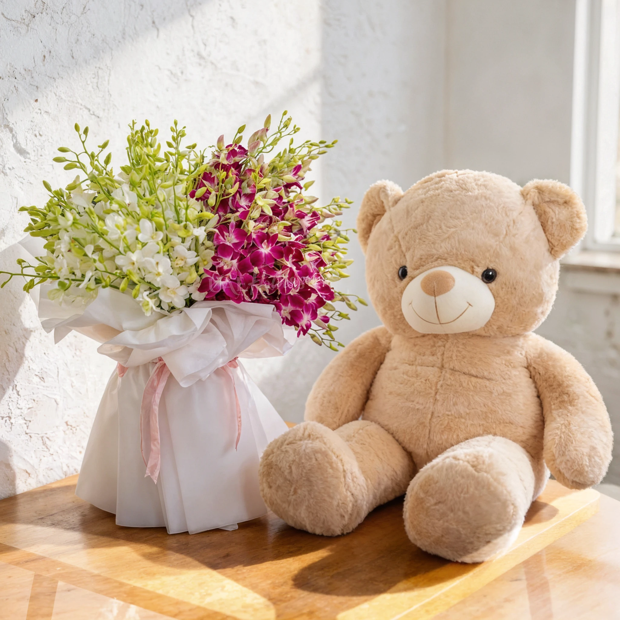 Bouquet of 40 purple & 40 white orchids with fillers in paper packing and 130 CM Brown Teddy Bear.