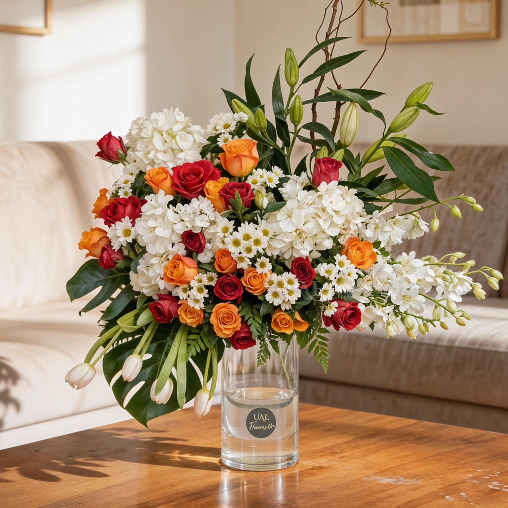 Glass vase arrangement of 3 white lilies, 3 White Hydrangeas, 7 White Orchids, 4 White Tulips, 25 Orange and Red Roses, 6 white Chrysanthemums with green fillers.