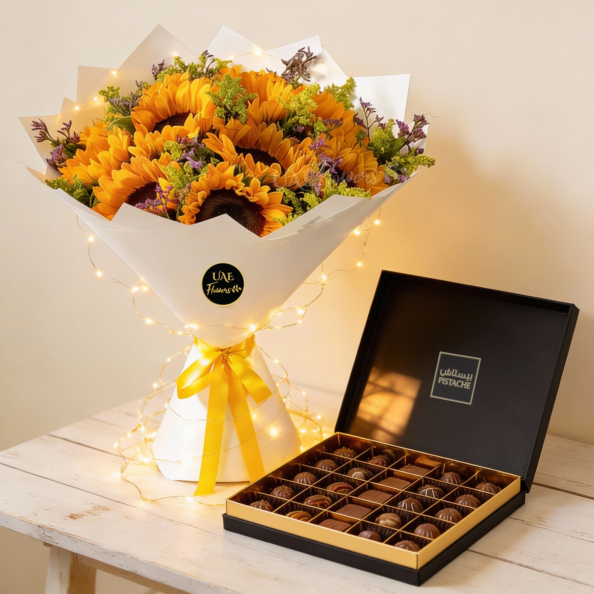 10 Sunflowers Bouquet with Pistache Signature Chocolates