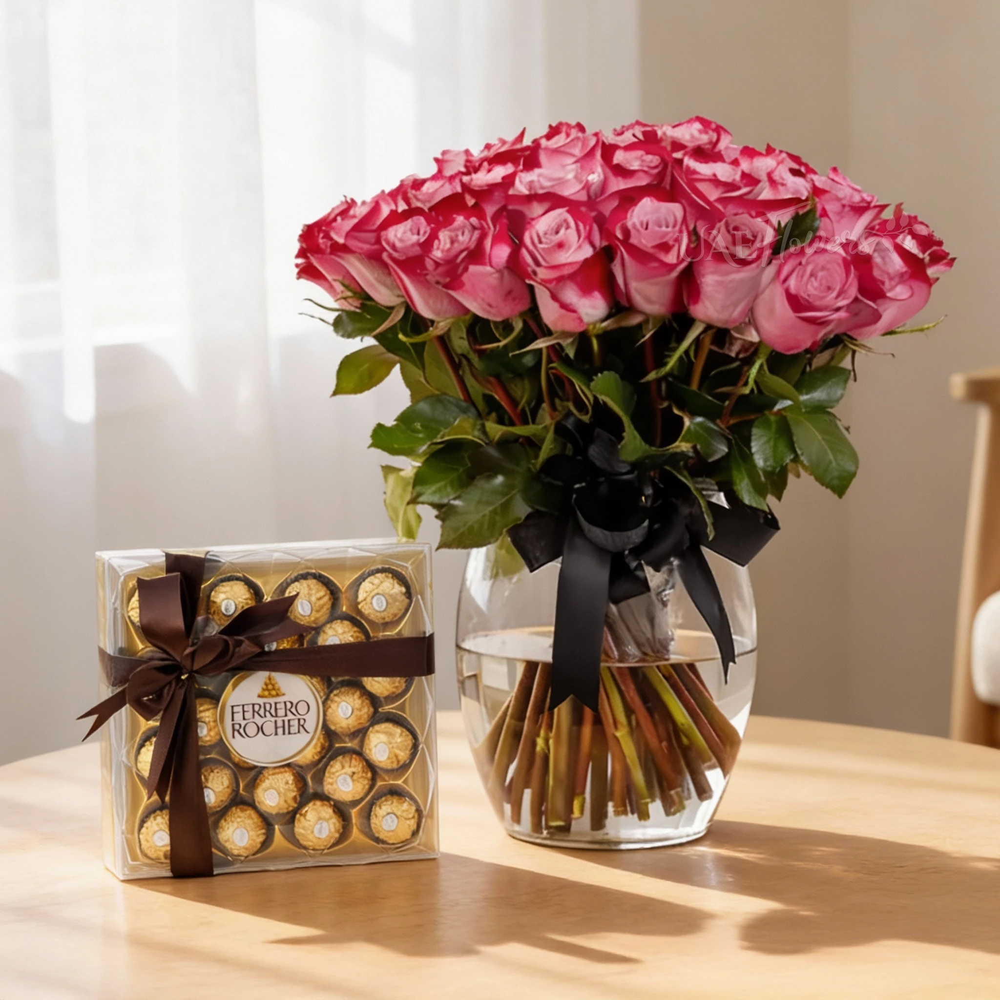 40 purple roses with green fillers in a glass vase and 24pcs Ferrero rocher chocolate.