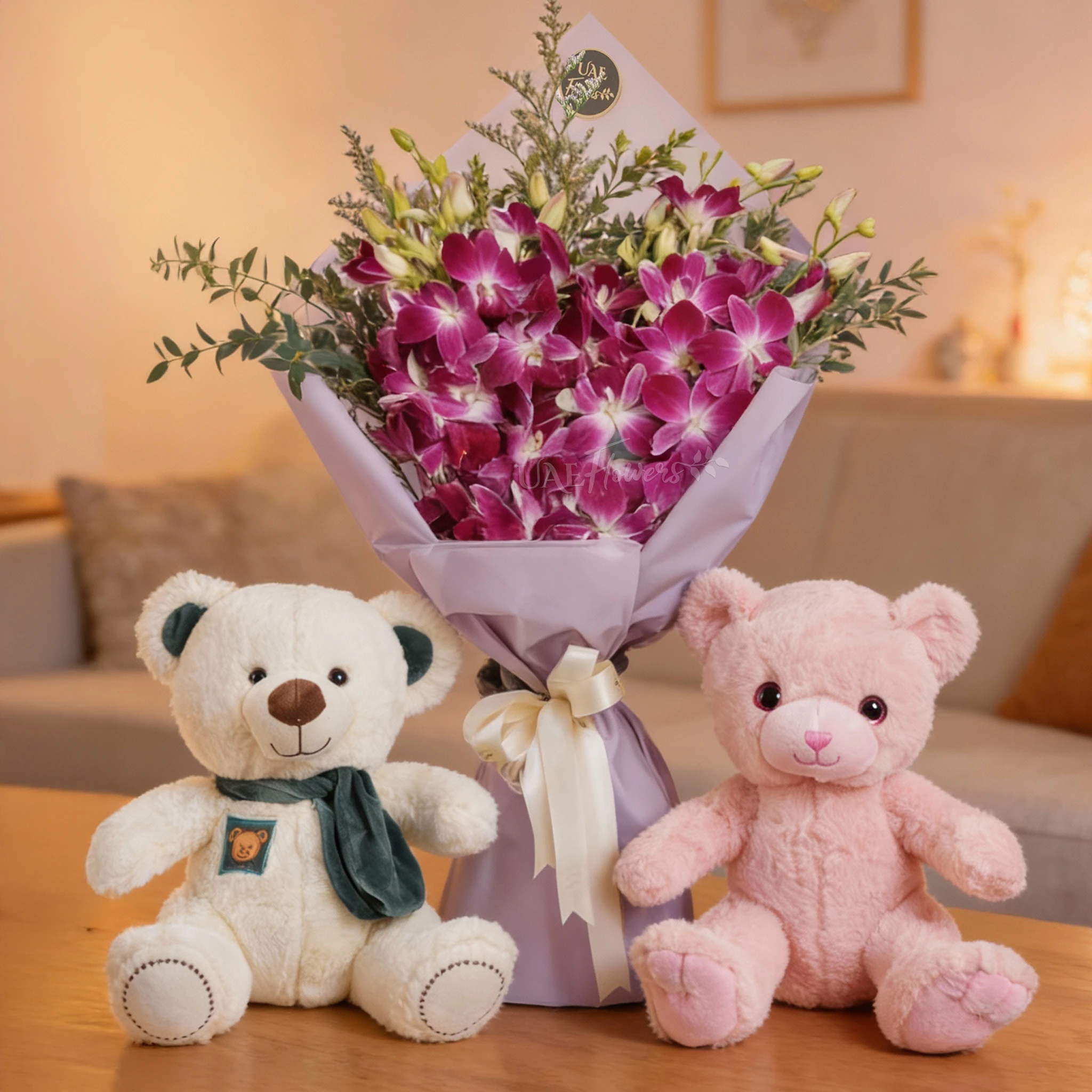 Bouquet of 10 purple orchids in paper packing tied with ribbons and small white & pink teddy bears.