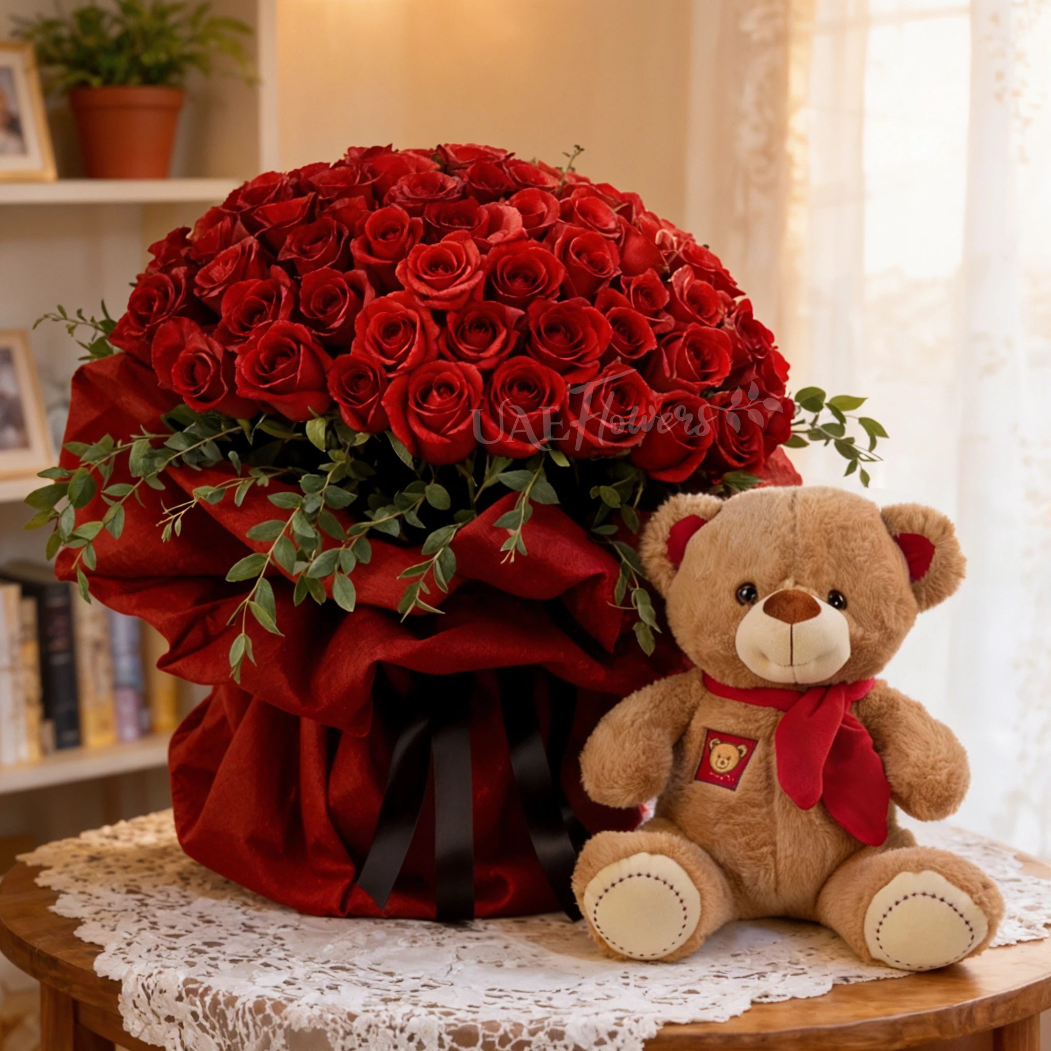 Bouquet of 60 red roses with green fillers in nice wrapping and small brown teddy bear.