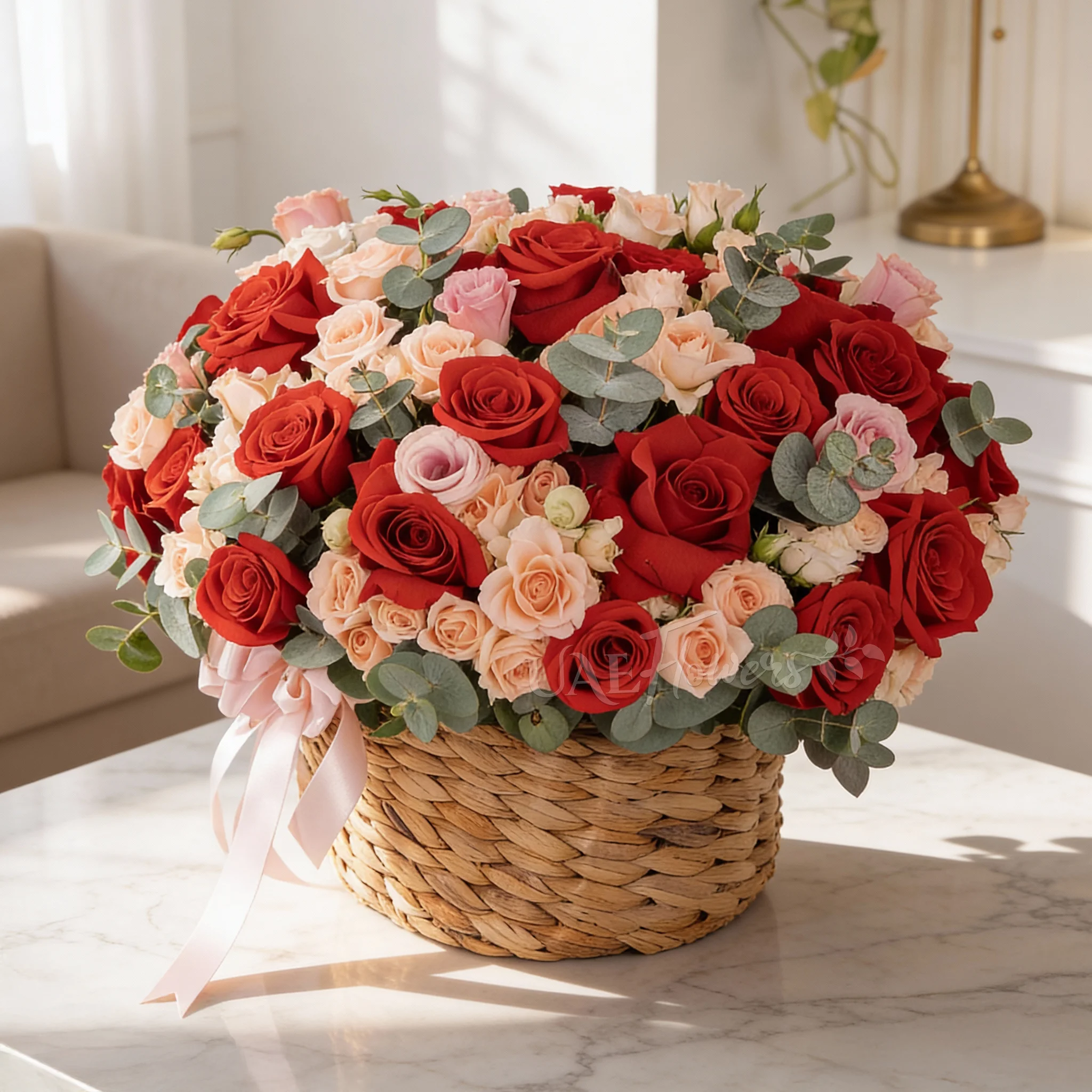 22 red roses and 12 pink spray roses with fillers in a round basket.