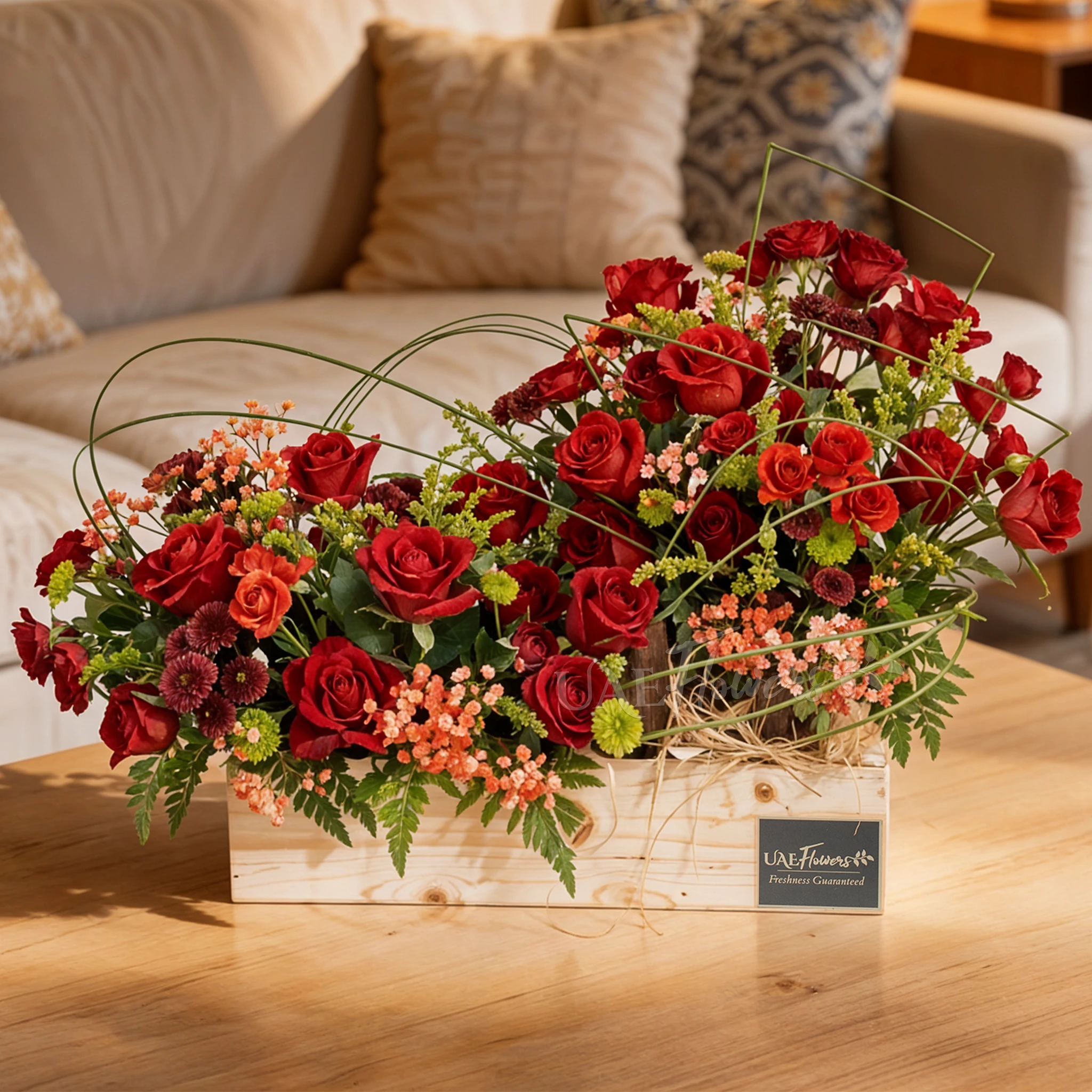 An arrangement of 15 red roses, 7 red spray roses, 4 maroon button chrysanthemums and 4 green button chrysanthemums and steel grass with green fillers in a wooden tray.