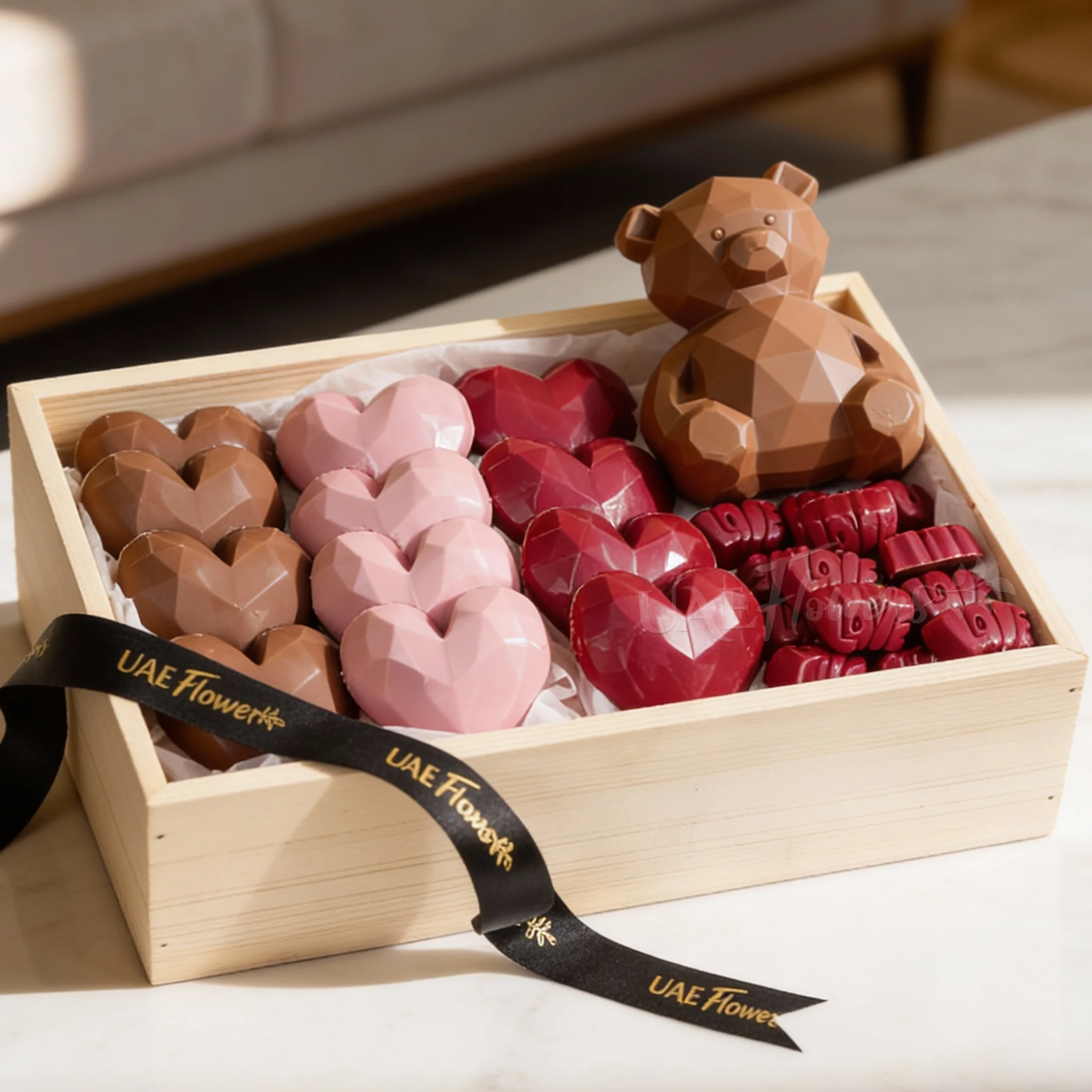 Large Hearts - 600 gms, Teddy - 100 gms, and Love Chocolates - 250 gms