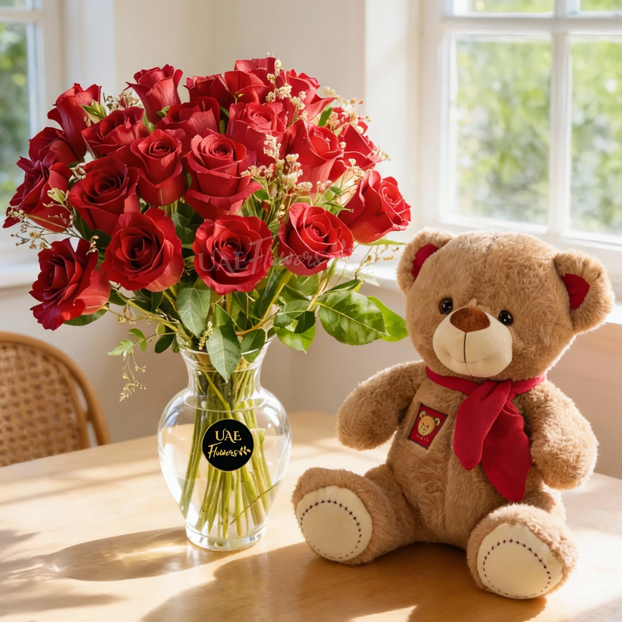 20 red roses with green fillers in glass vase and small brown teddy bear.