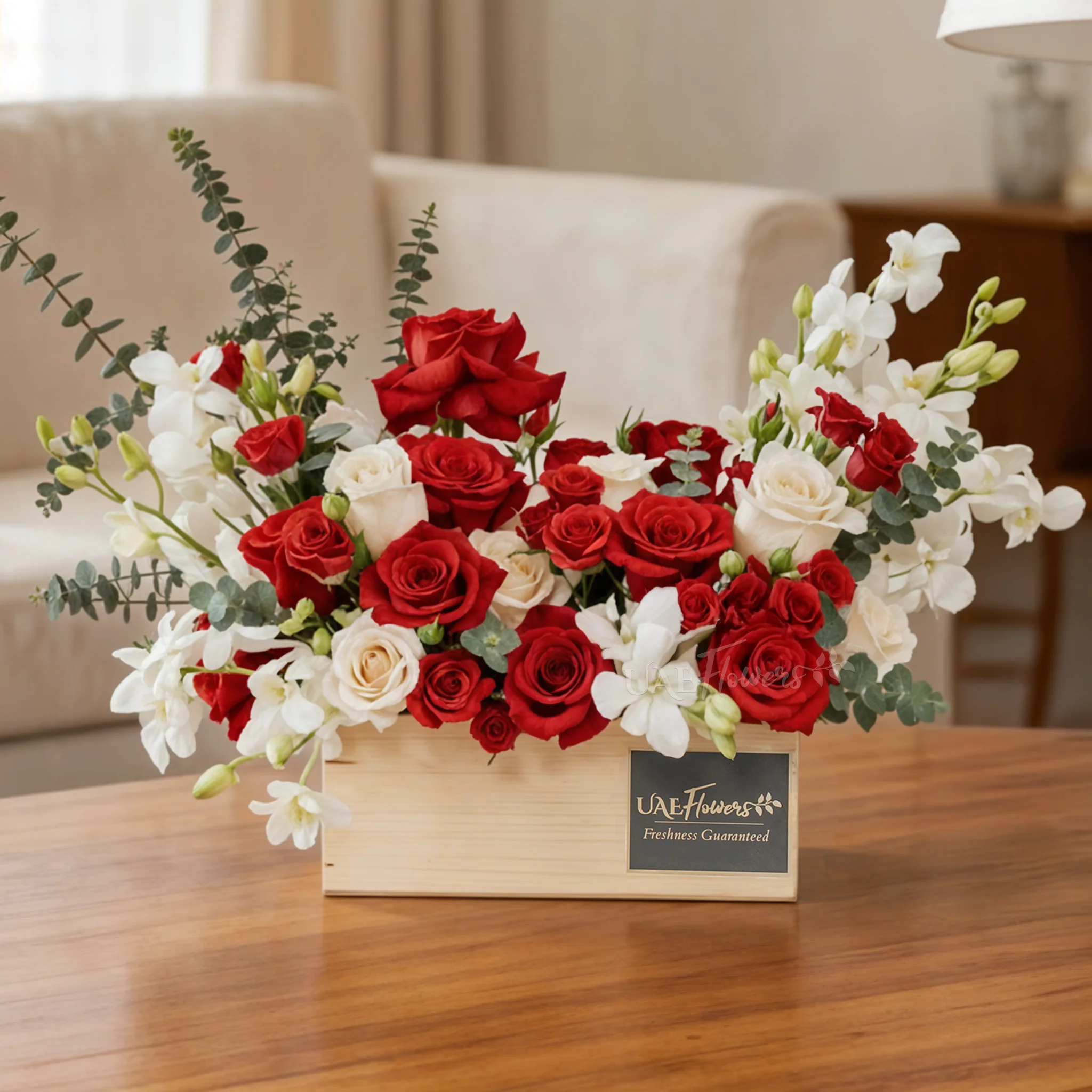 8 red roses, 6 white roses, 5 white orchids and 3 red spray roses with eucalyptus leaf in a wooden tray.