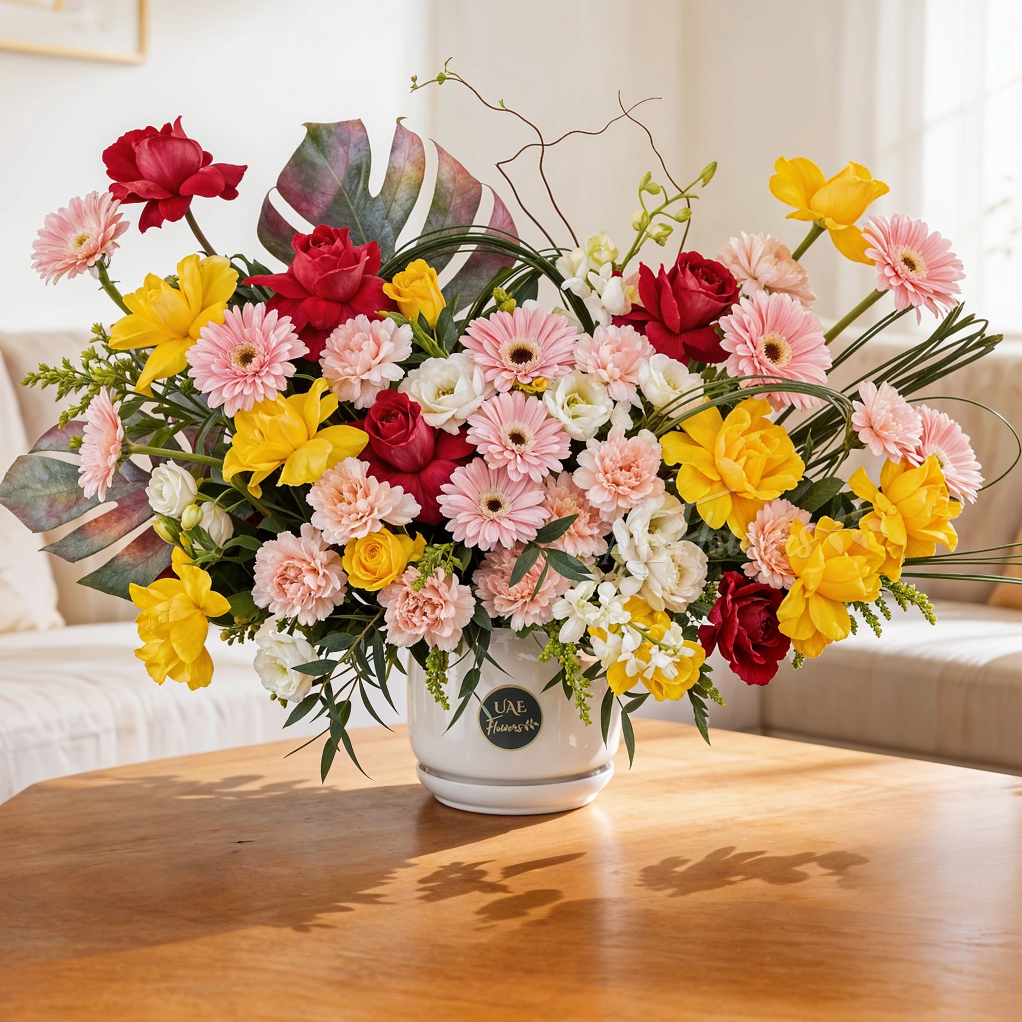 An arrangement of 10 yellow roses, 5 fuchsia roses, 10 pink gerberas, 12 pink carnations, 4 white lisianthus, 4 white orchids with green fillers in a ceramic pot.